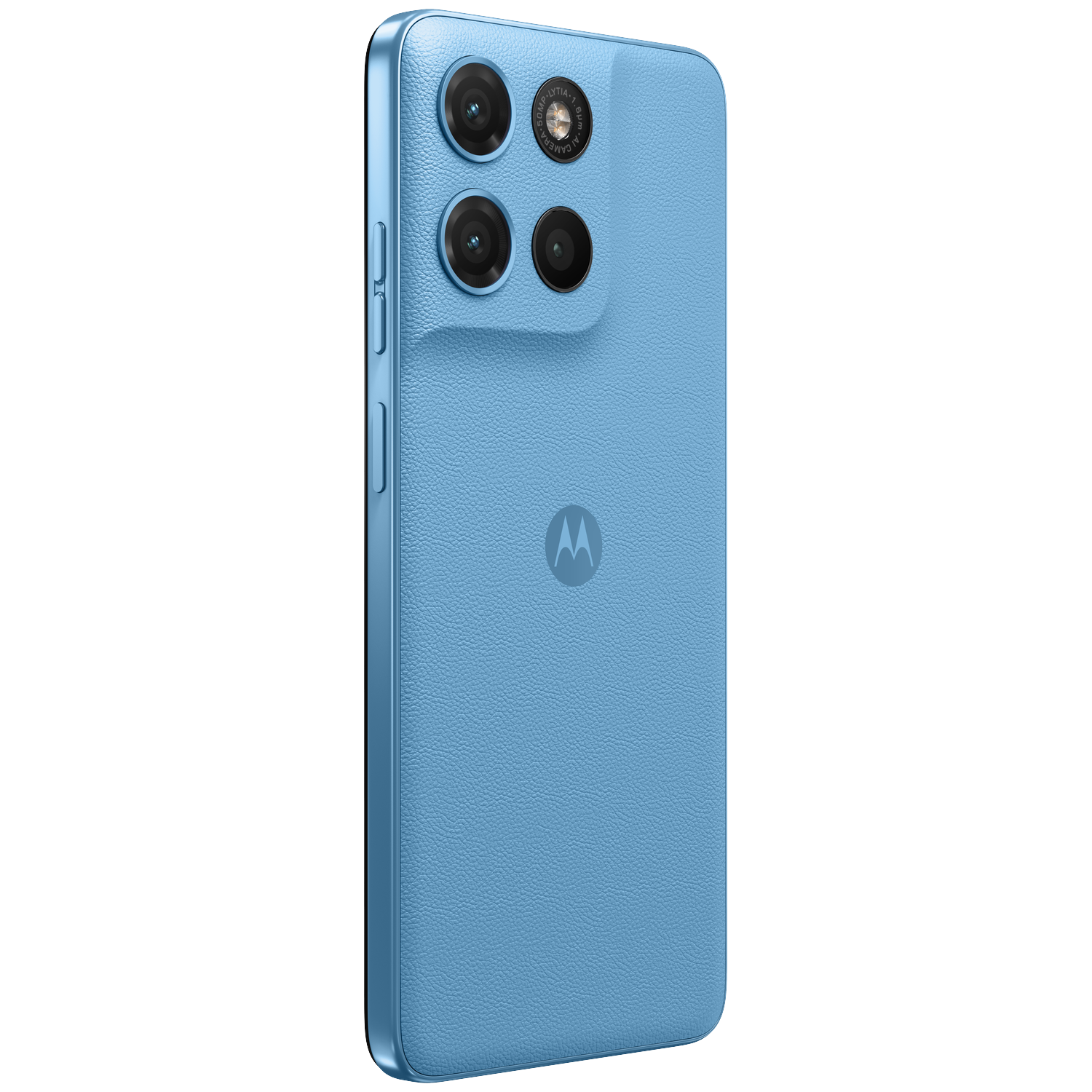 Achterkant van een lichtblauwe smartphone met drie camera's en het Motorola-logo.