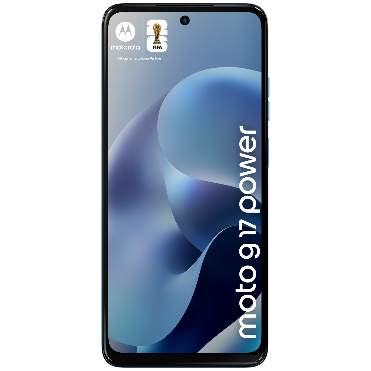 Motorola smartphone met FIFA-logo en moto g17 power tekst.
