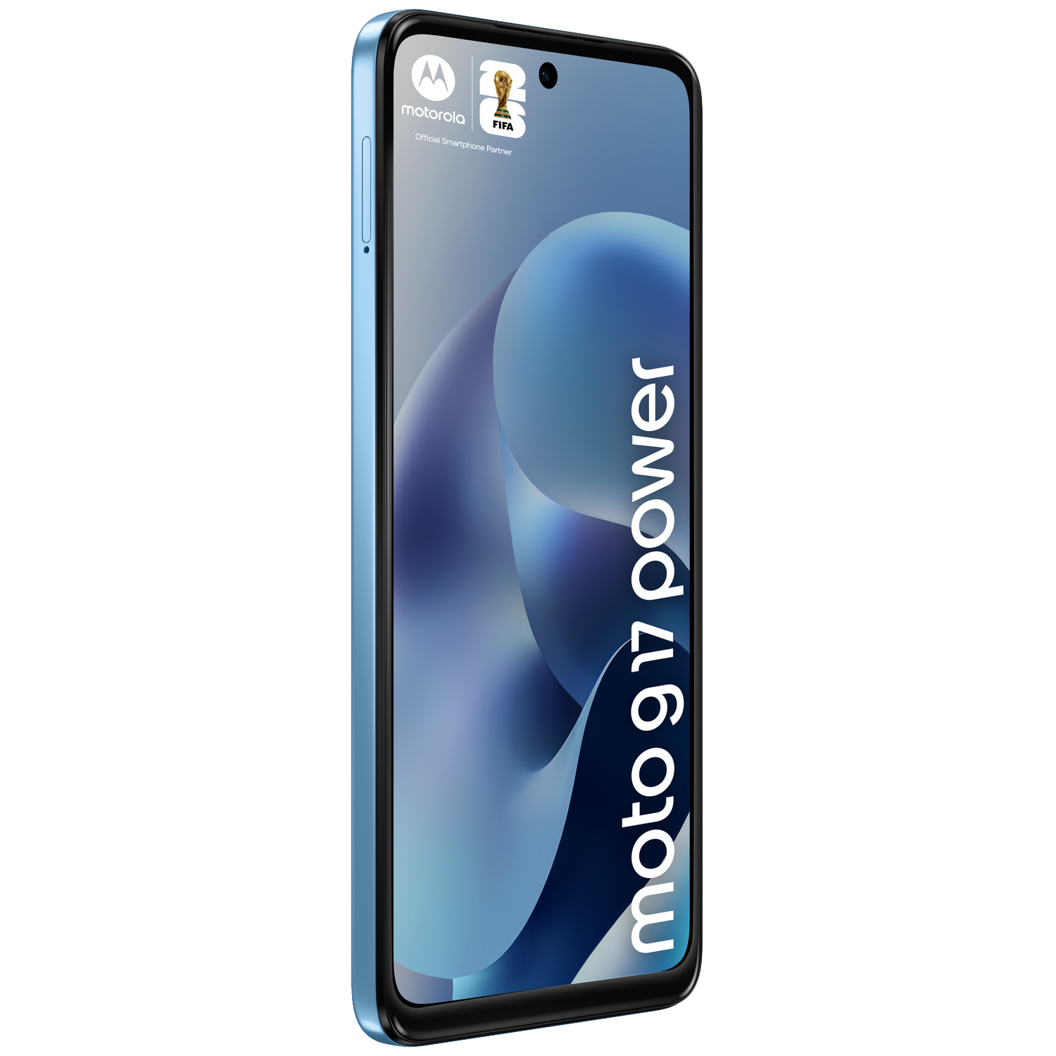 Een blauwe Motorola smartphone met "moto g 91 power" en FIFA-logo.