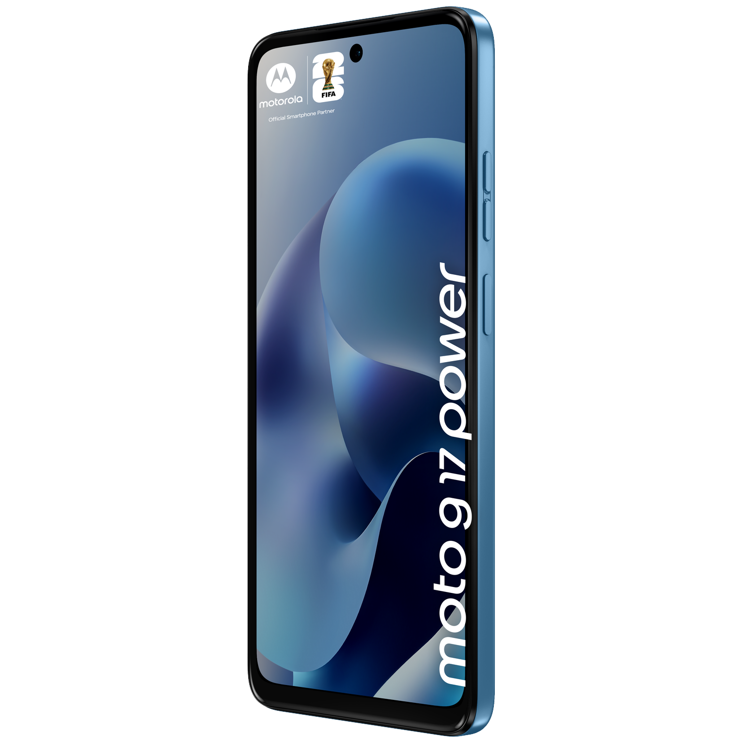 Een blauwe Motorola Moto G 17 Power smartphone met een blauwe golfpatroon achtergrond.