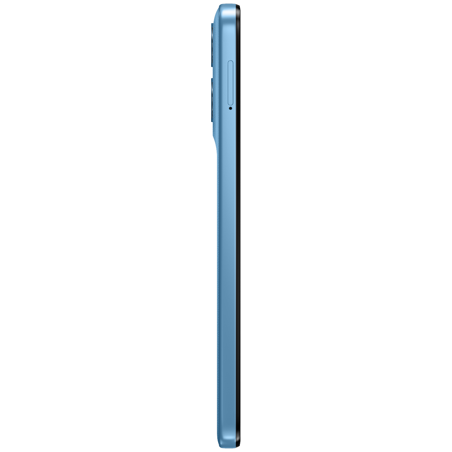 Een blauwe smartphone met een simkaartslot en knoppen aan de zijkant.