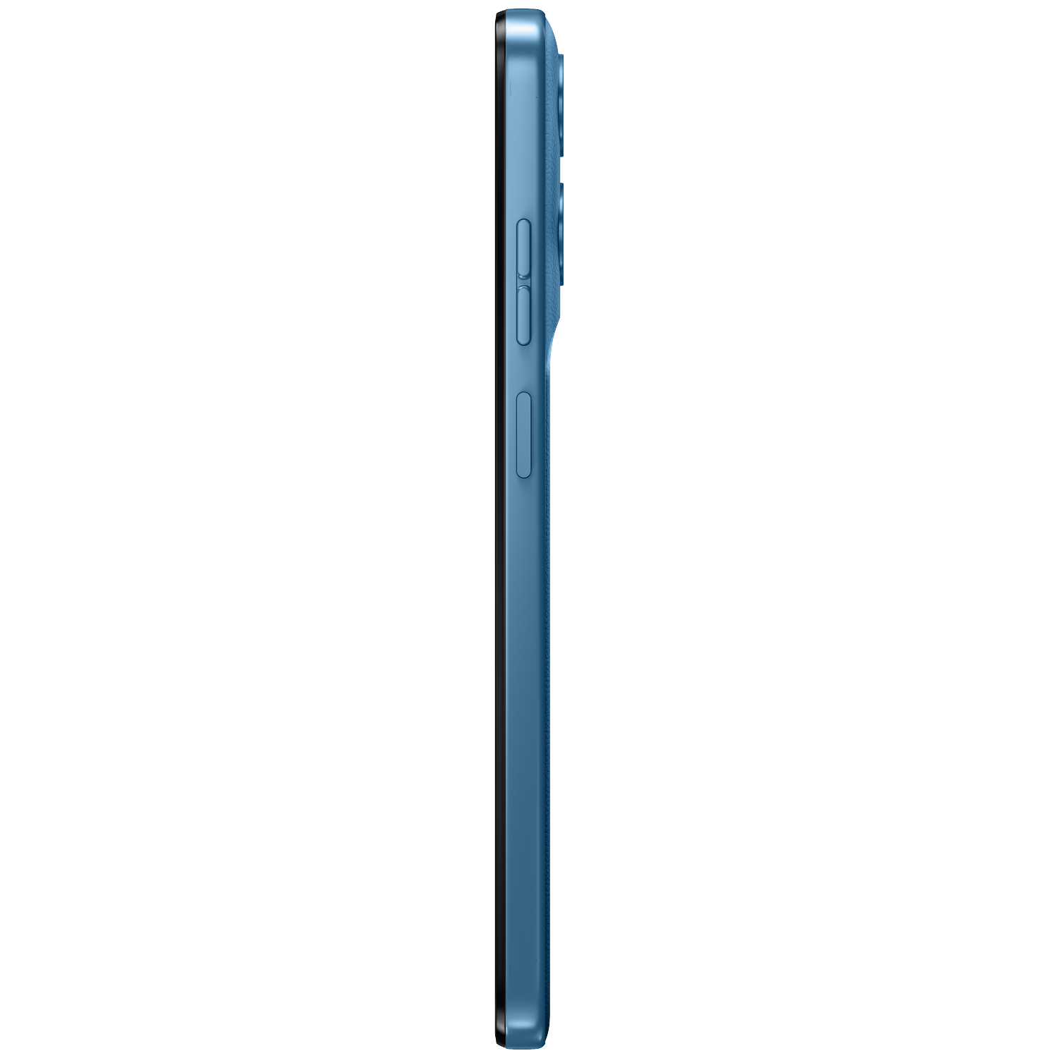 Een blauwe smartphone in profiel met zichtbare knoppen.