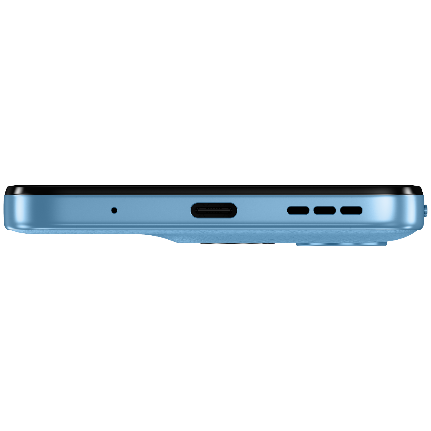Onderkant van een lichtblauwe smartphone met USB-C-poort en luidsprekerroosters.