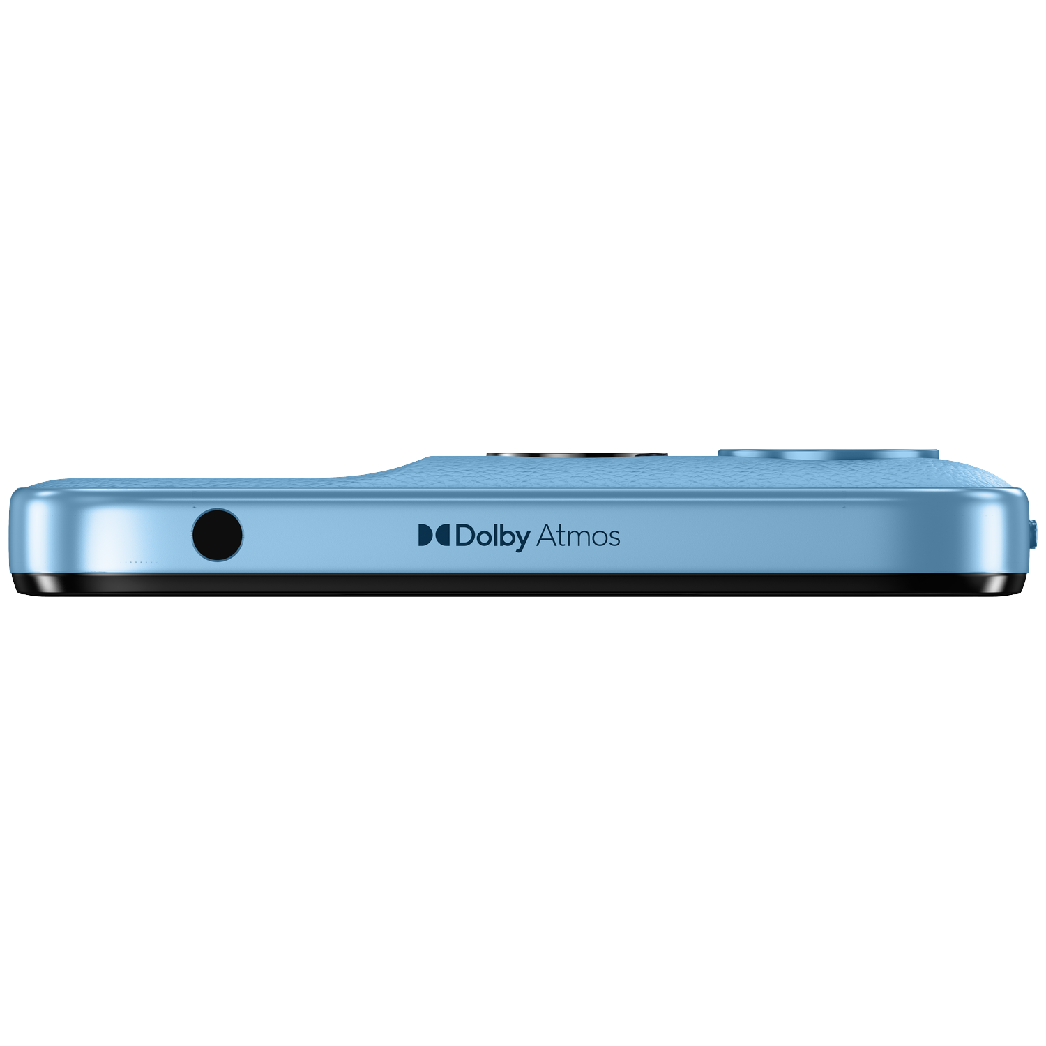 Blauwe smartphone met Dolby Atmos logo en koptelefoonaansluiting.