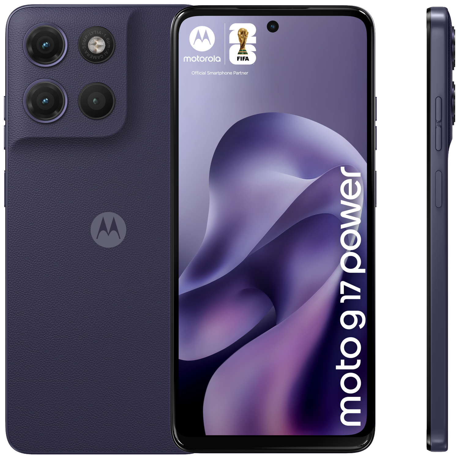 A dark blue Motorola phone is shown from three angles: back, front screen, and side.
