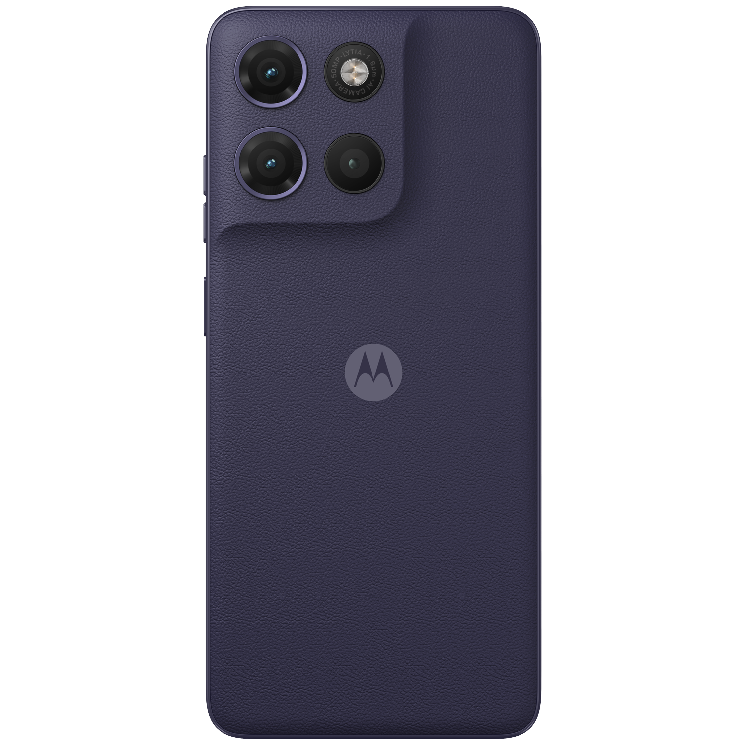 Back of a dark purple Motorola smartphone with three camera lenses and Moto logo.