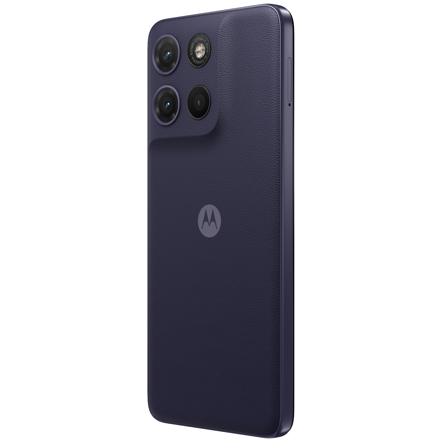 Dark blue smartphone with three cameras and Motorola logo on a black background.