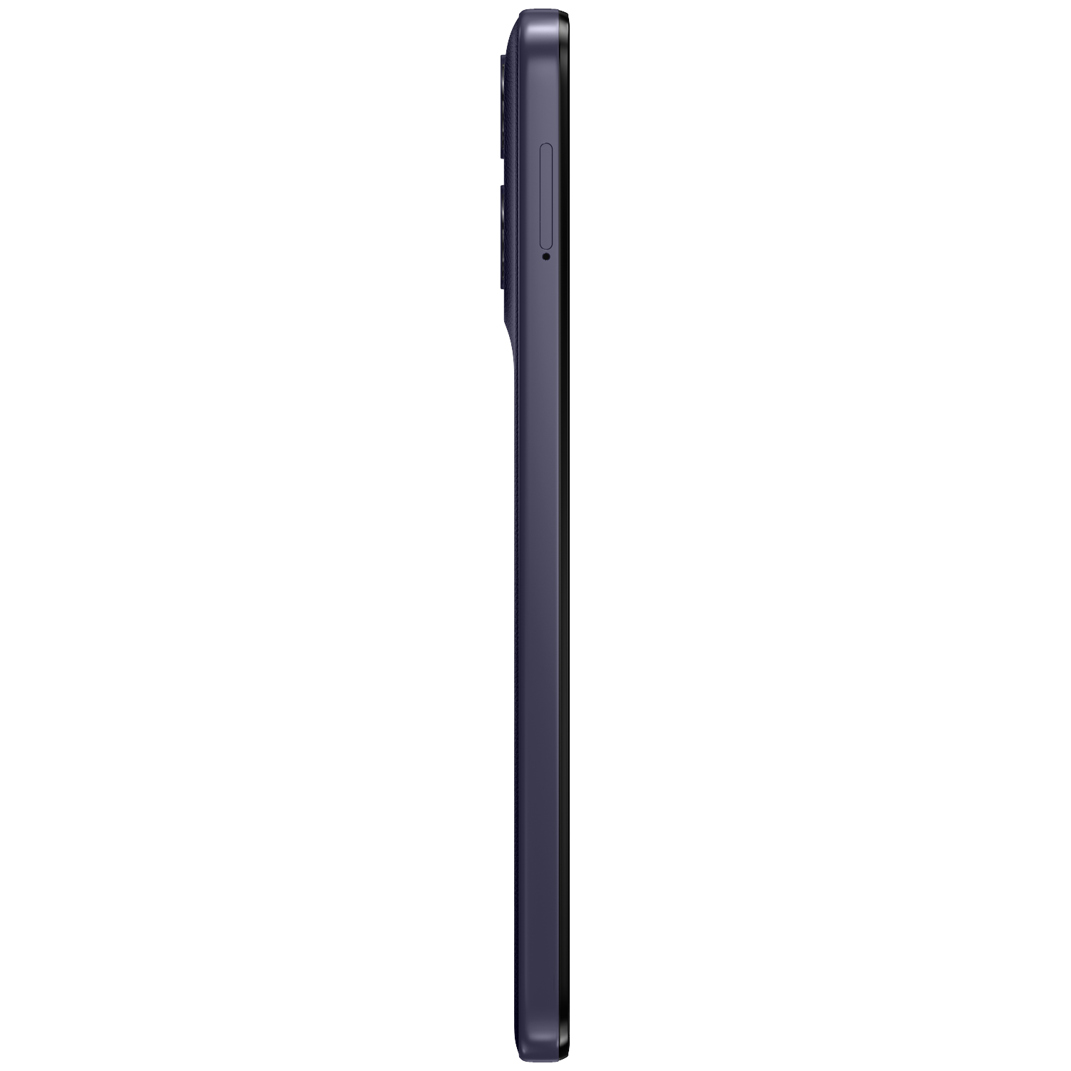 Dark blue smartphone viewed from the side, showing SIM tray and buttons.