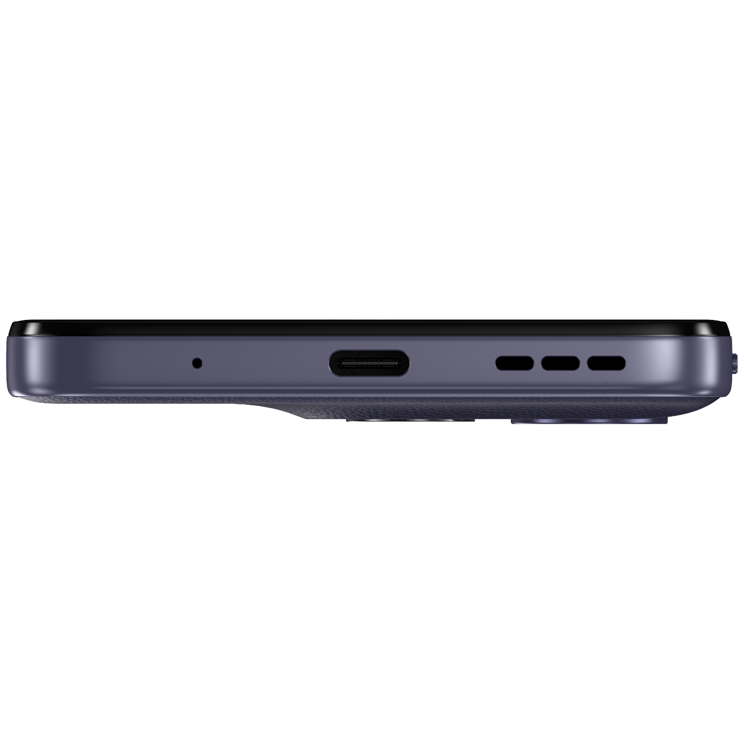 Close-up of the bottom of a purple smartphone, showing a USB-C port and speaker grilles.