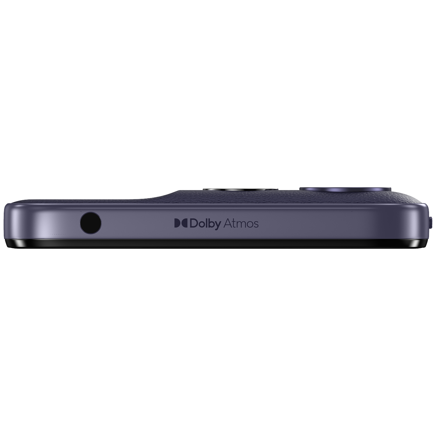 Dark blue phone side with headphone jack and Dolby Atmos logo.