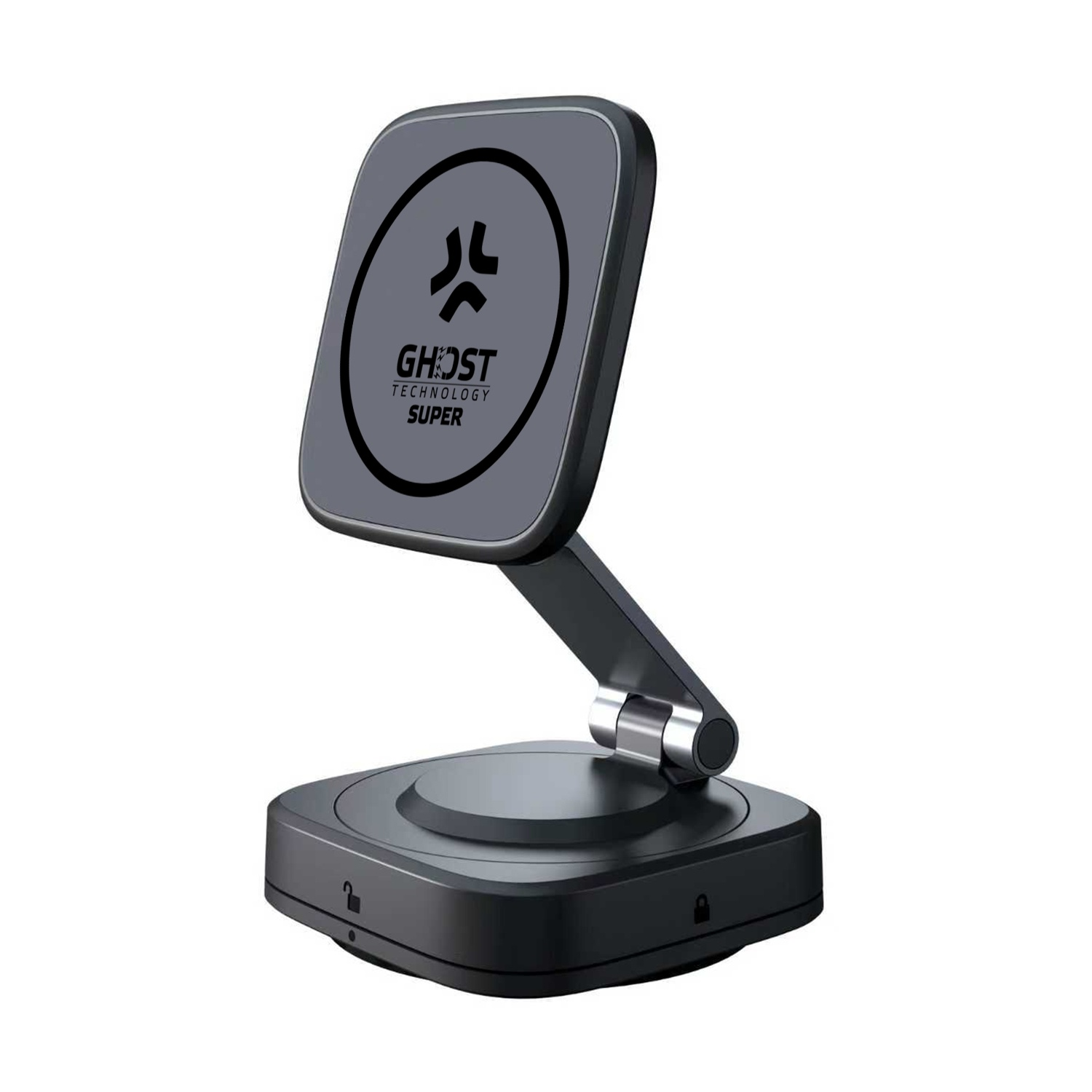 Un supporto magnetico nero per telefono con logo GHOST TECHNOLOGY SUPER.