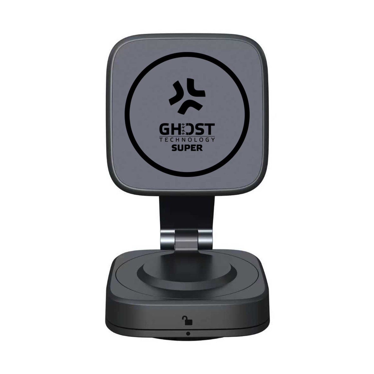 Un supporto per telefono nero regolabile con logo circolare Ghost Technology sulla testa.