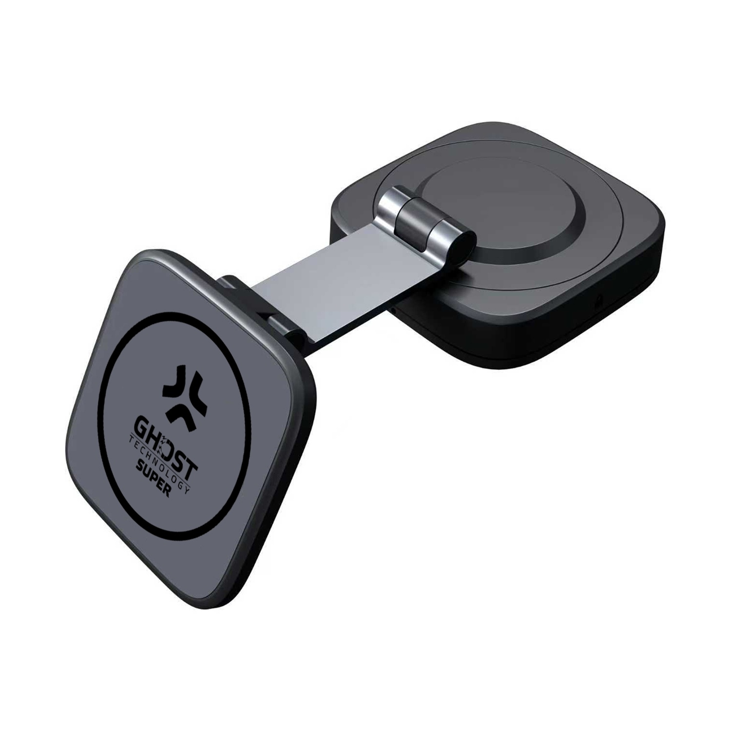 Un supporto magnetico nero per telefono con logo e cerniera.