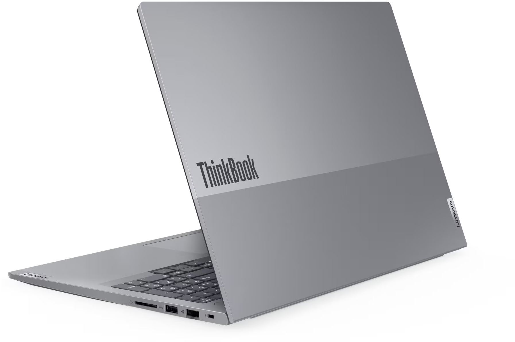 Szürke laptop ThinkBook logóval, billentyűzettel és portokkal.