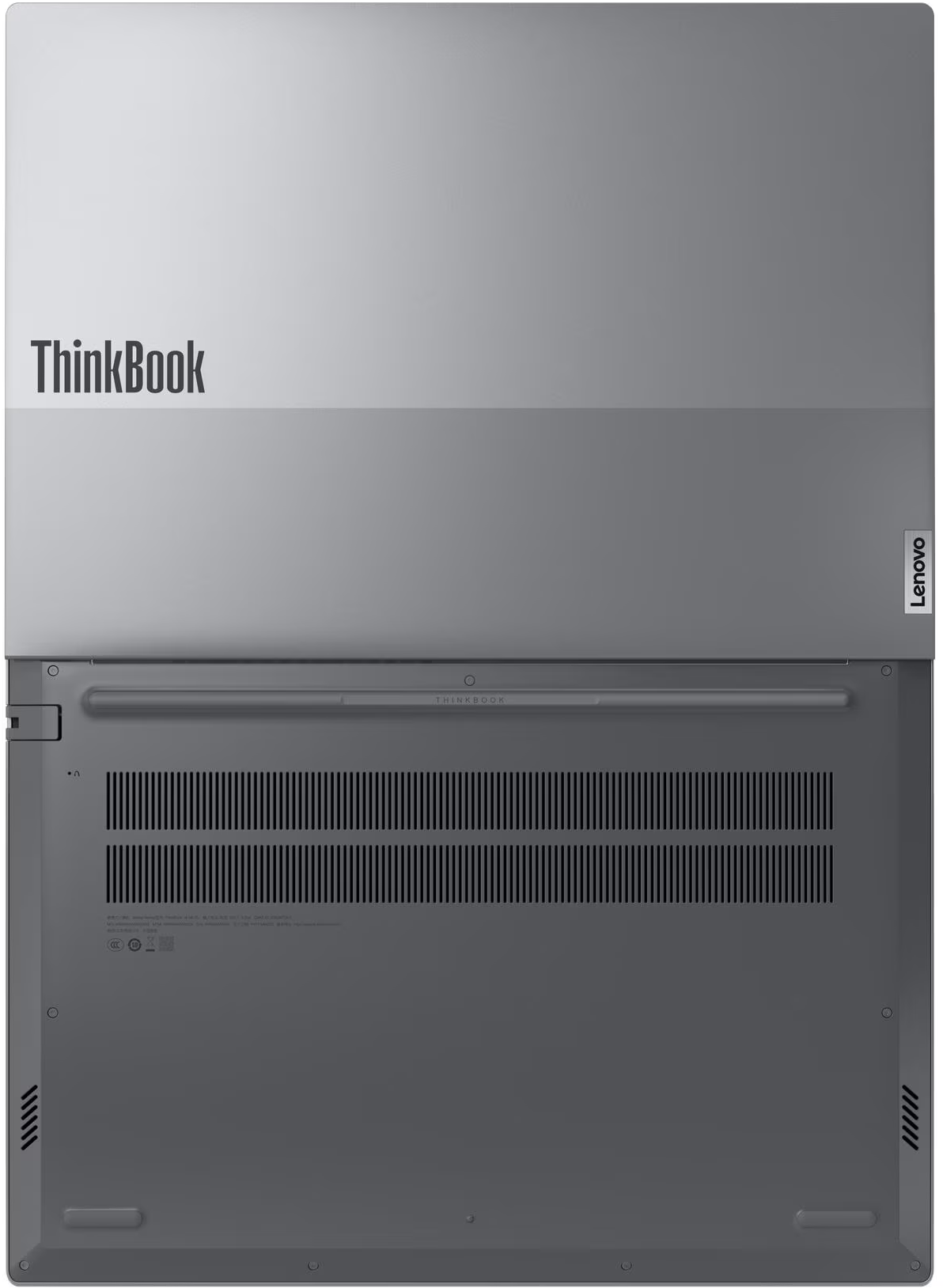Szürke laptop hátulja, felül ThinkBook, oldalt Lenovo logóval.