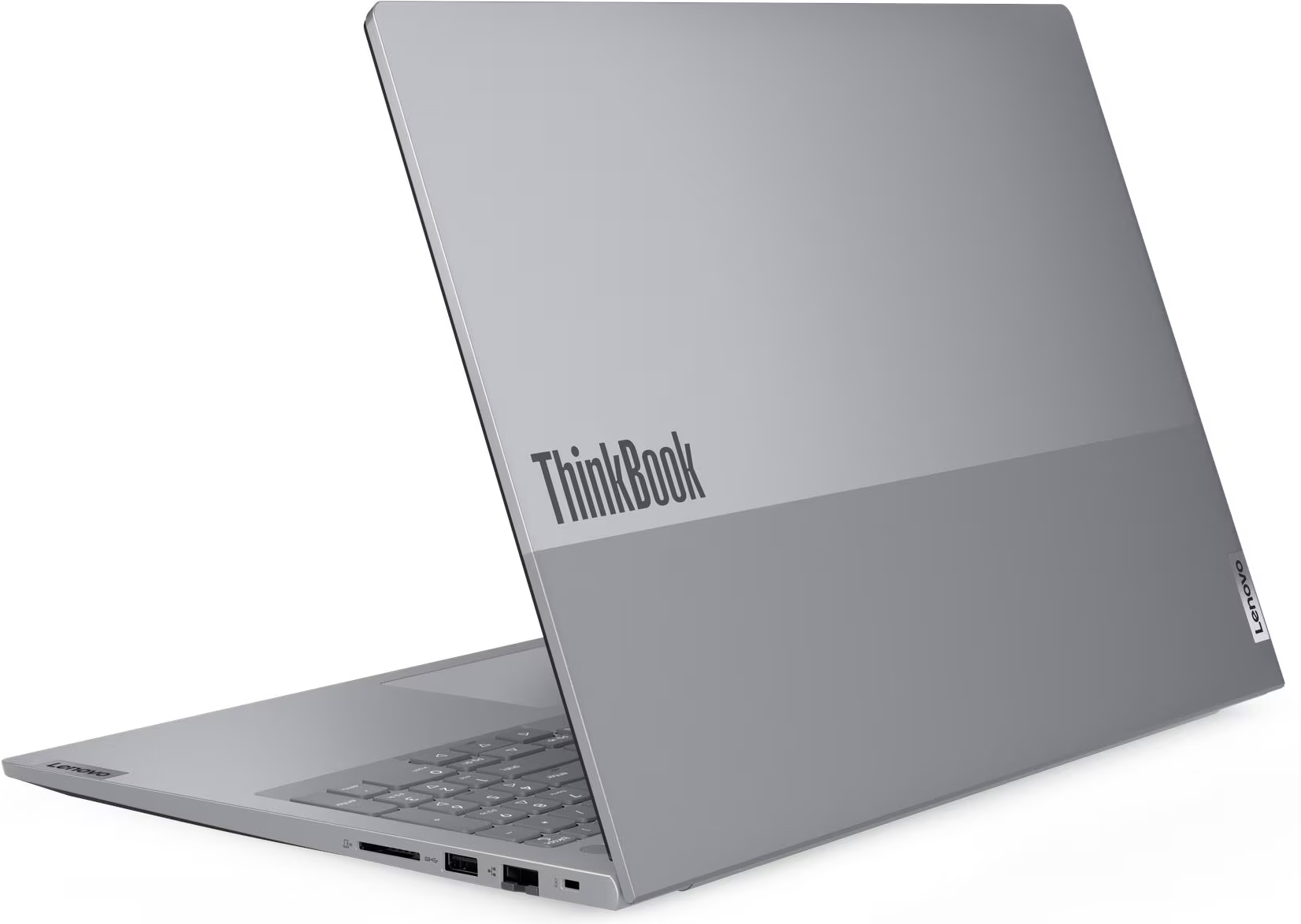 Egy zárt ezüst laptop ThinkBook logóval a fedélen.