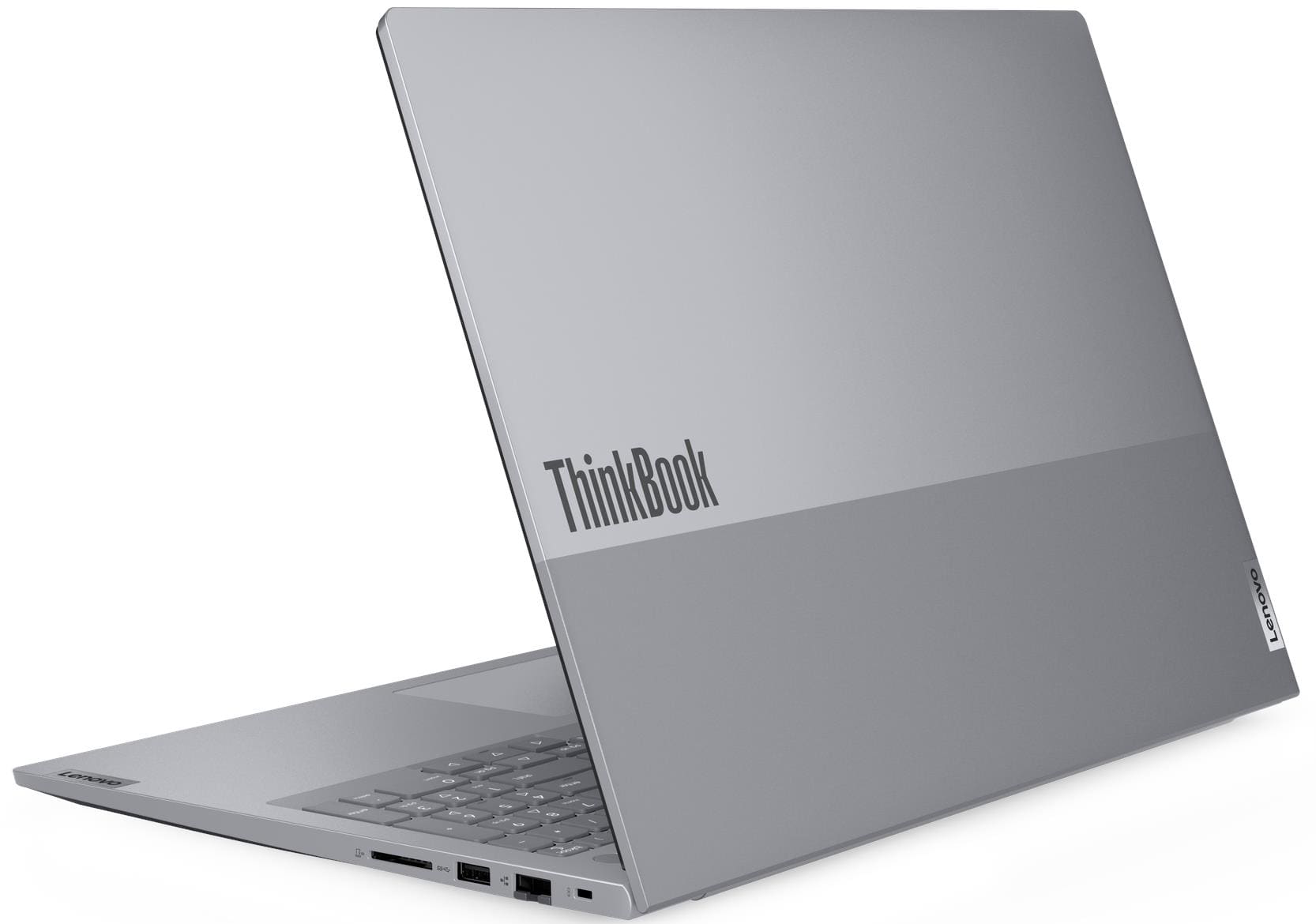 Szürke laptop ThinkBook logóval, billentyűzettel és portokkal.