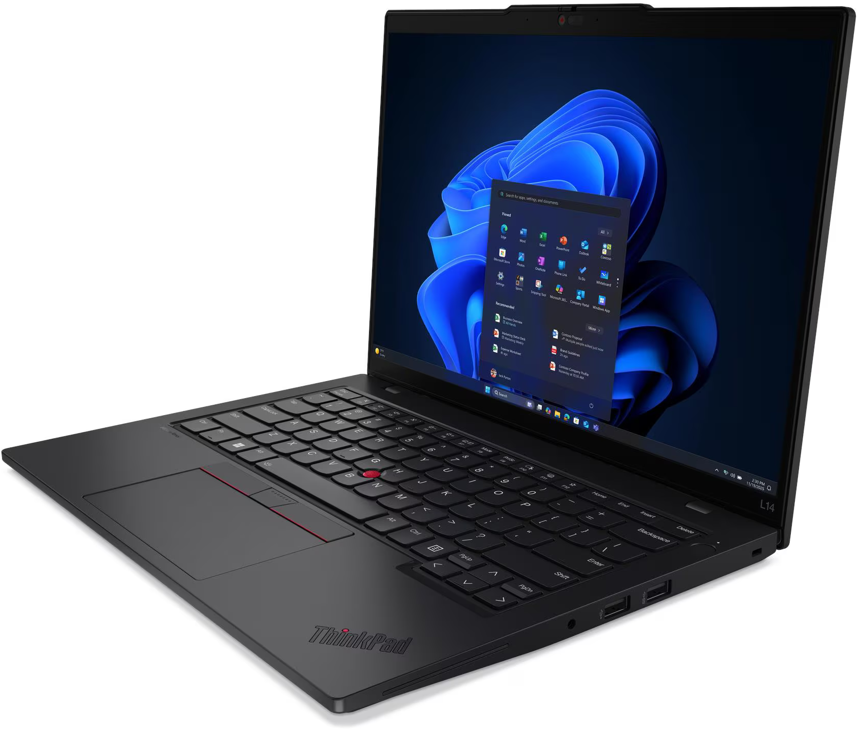 Egy fekete Lenovo ThinkPad laptop bekapcsolt képernyővel, Windows 11 felülettel.