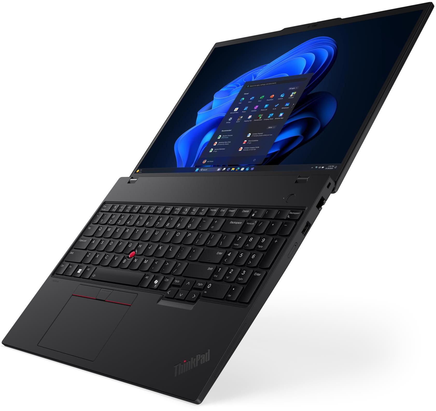Egy fekete ThinkPad laptop nyitott képernyővel, Windows 11 felülettel.