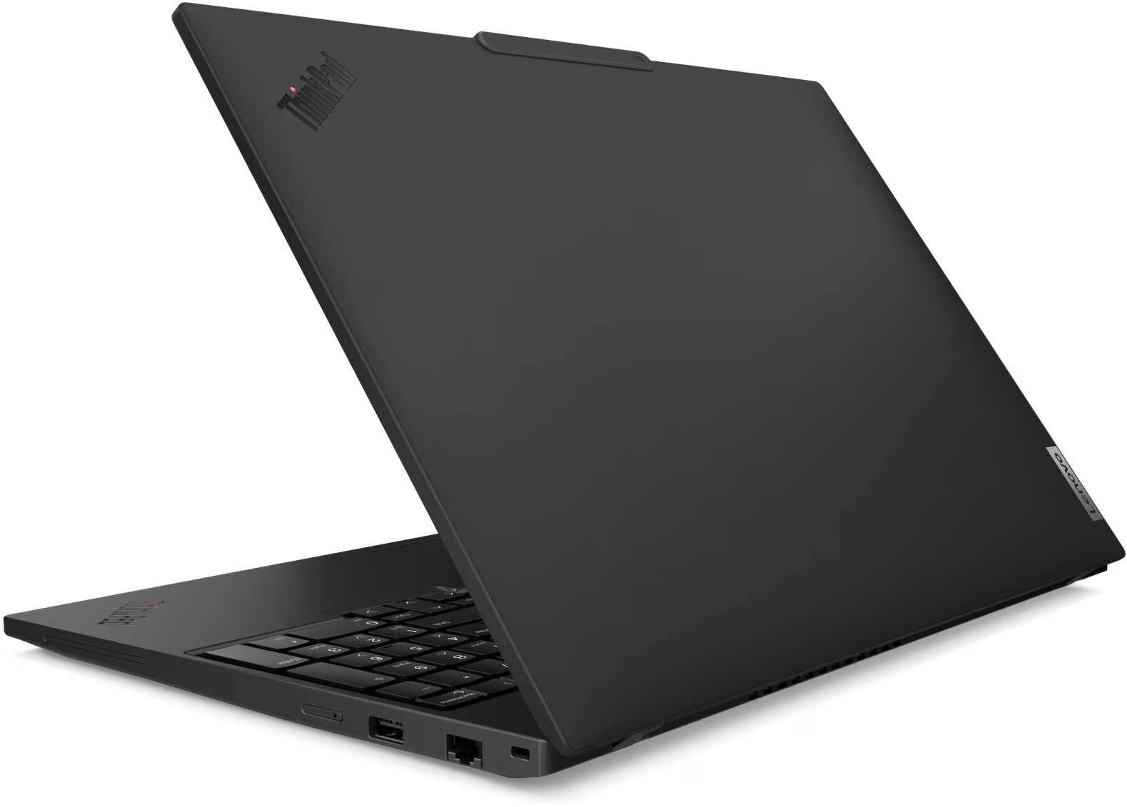 Fekete Lenovo ThinkPad laptop, félig nyitott, billentyűzet és portok láthatóak.