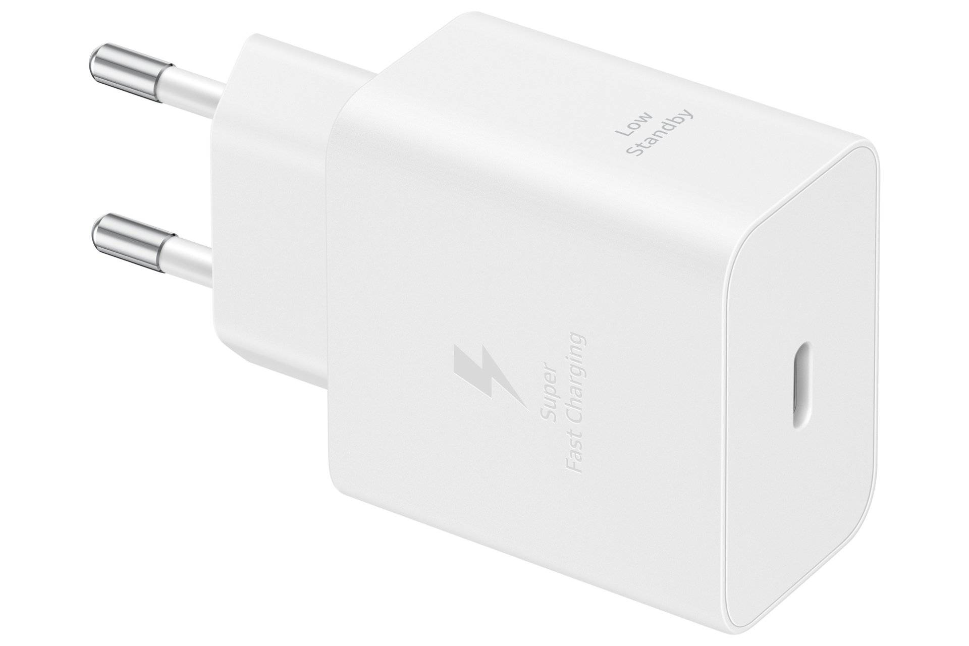 Ein weißer Netzstecker mit Blitzsymbol und „Super Fast Charging“.