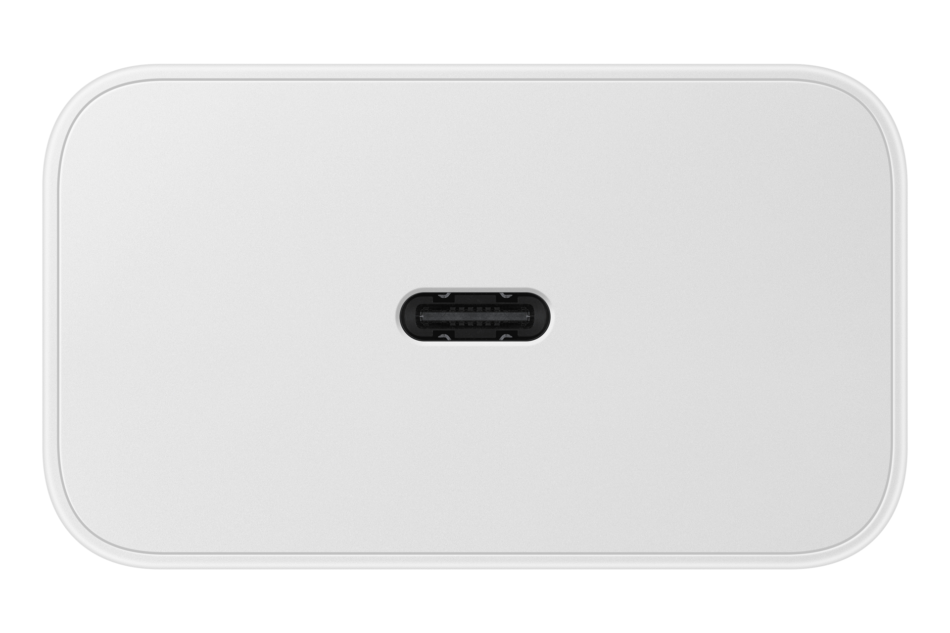 Ein weißer USB-C-Anschluss mit abgerundeten Ecken auf einem weißen Hintergrund.