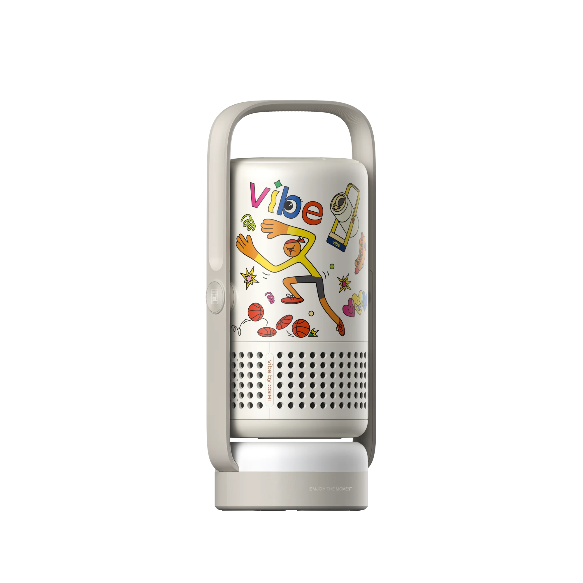 Egy fehér hangszóró "vibe" szóval és futó figurával.