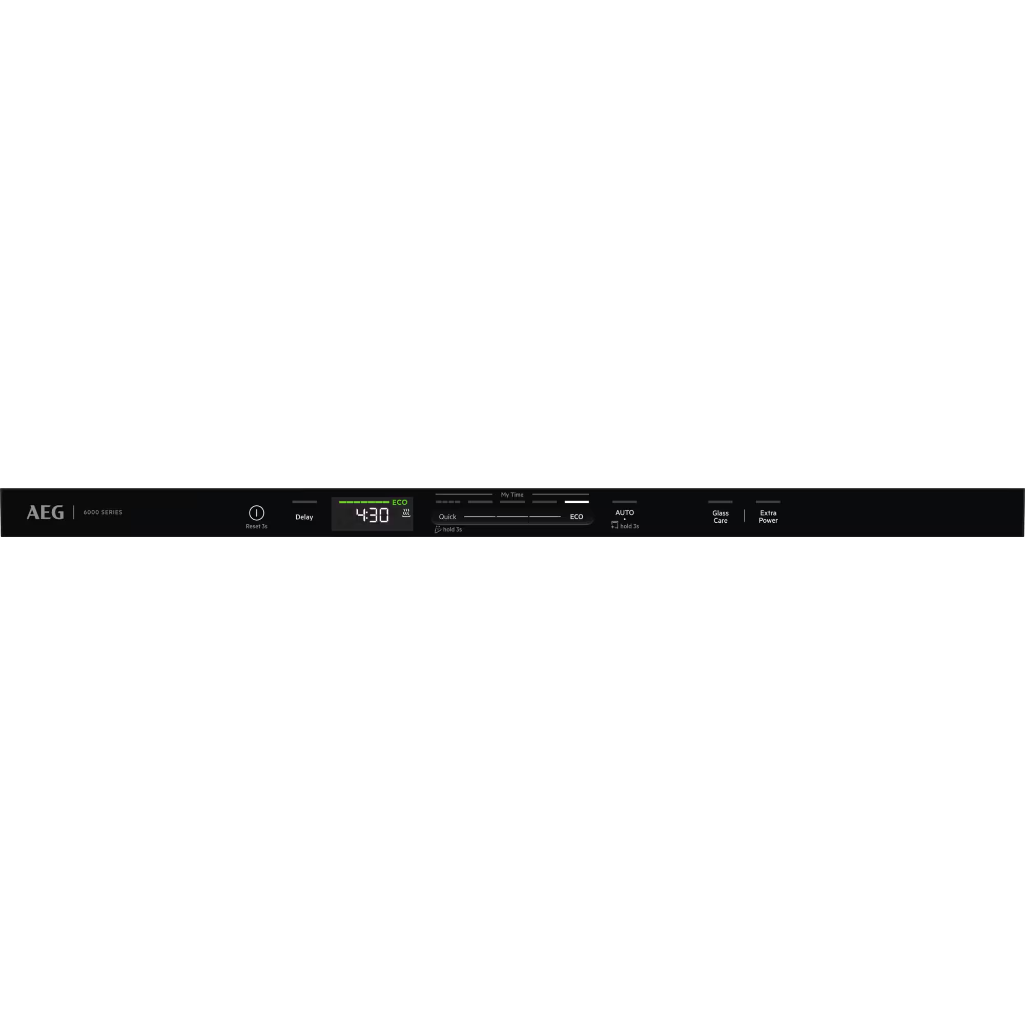 AEG 6000 sorozat kezelőpanel idővel, programokkal és opciókkal.