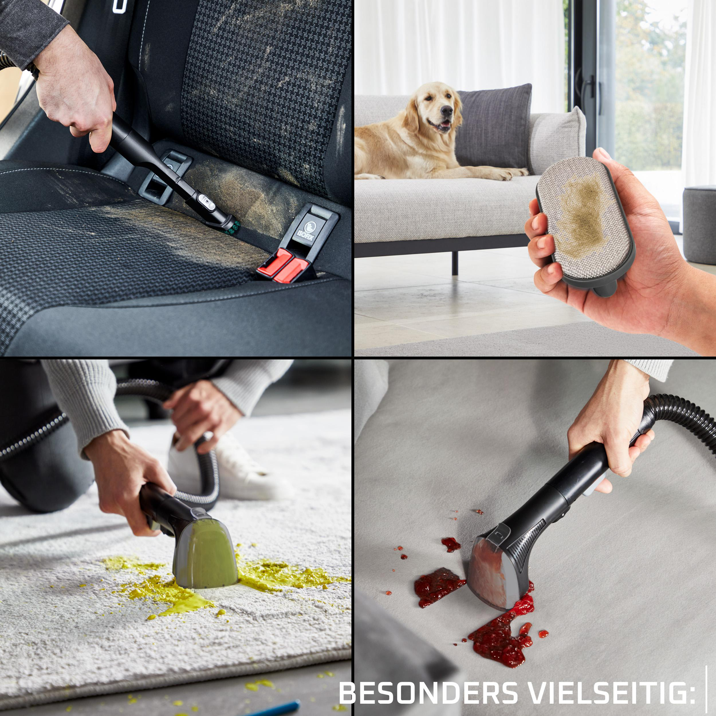 Vier Bilder zeigen Reinigung von Auto, Hund auf Sofa, Teppich und Stoff.