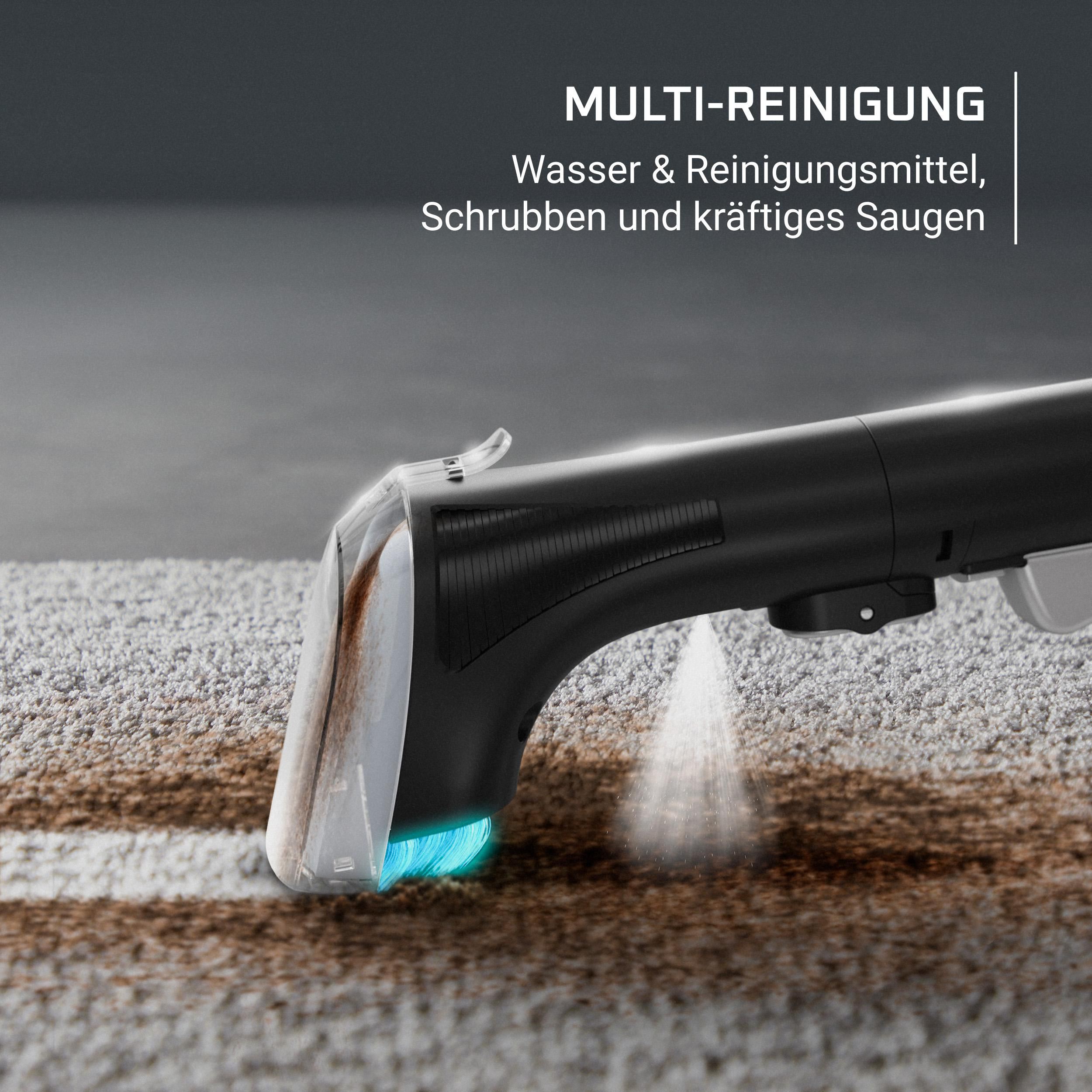 Ein Reinigungsgerät sprüht Wasser auf einen schmutzigen Teppich.