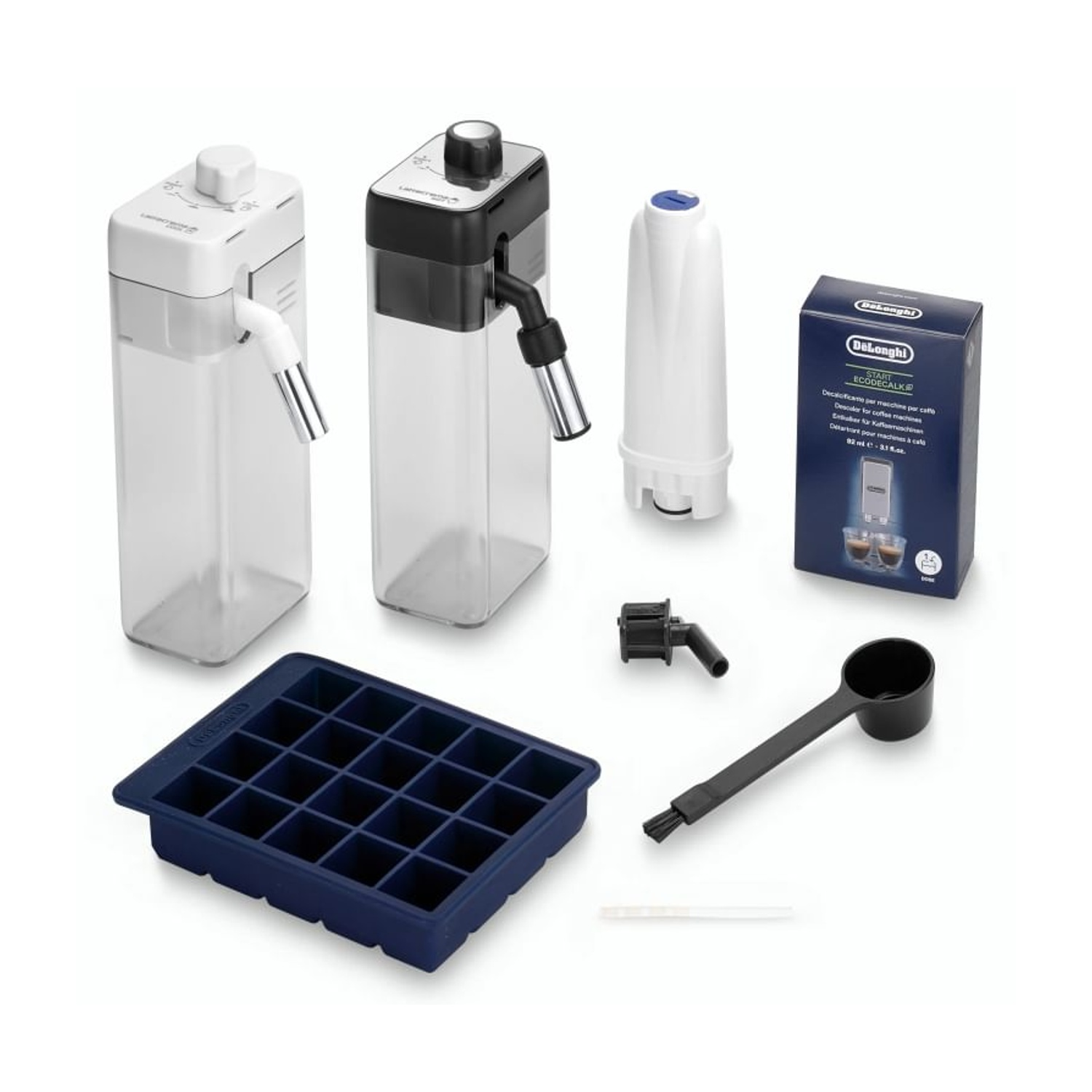 Accessori macchina caffè DeLonghi: serbatoi, filtro, misurino, spazzola e vaschetta ghiaccio.