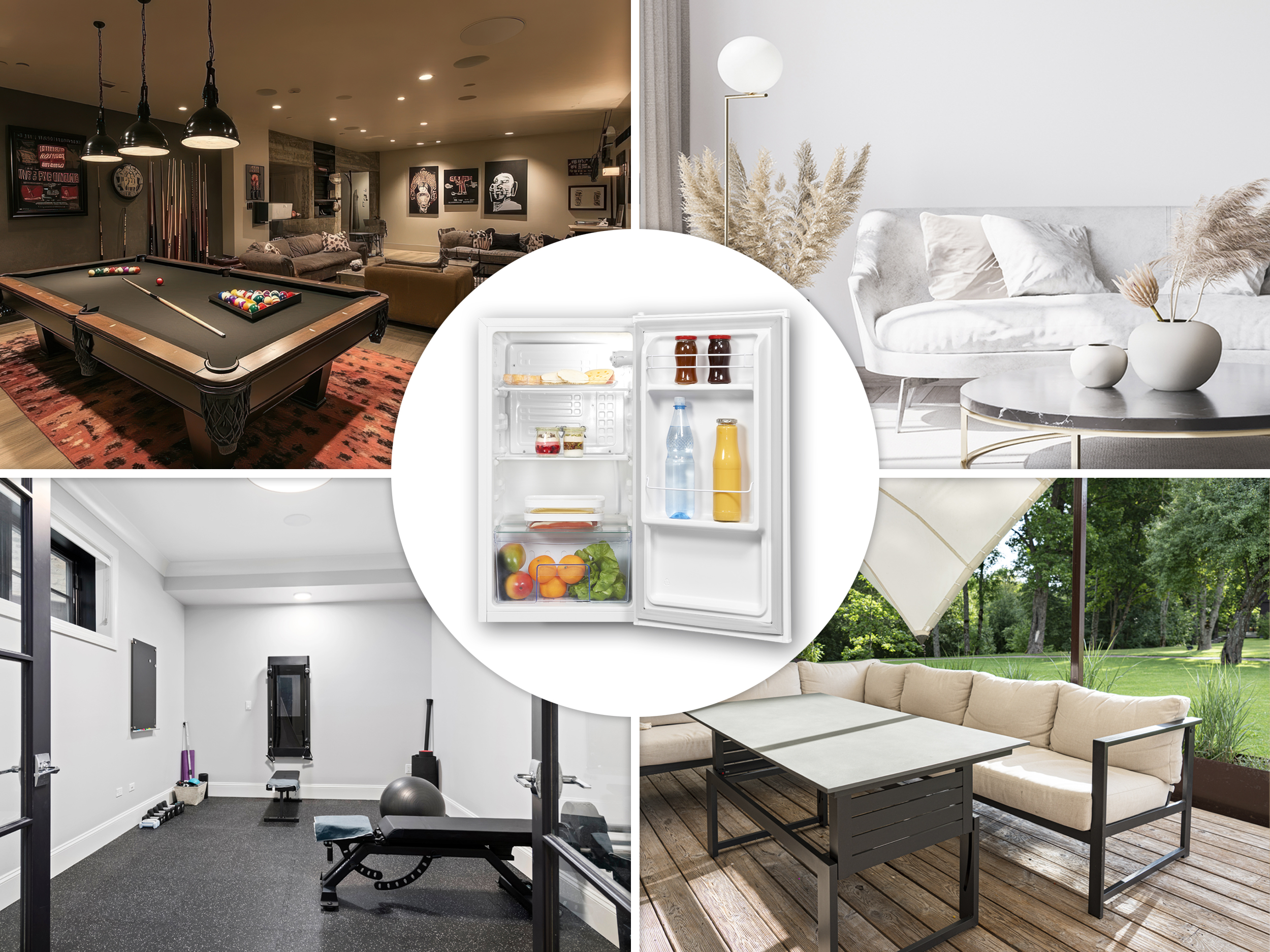 Collage mit Billardtisch, Kühlschrank, Wohnzimmer und Fitnessraum.