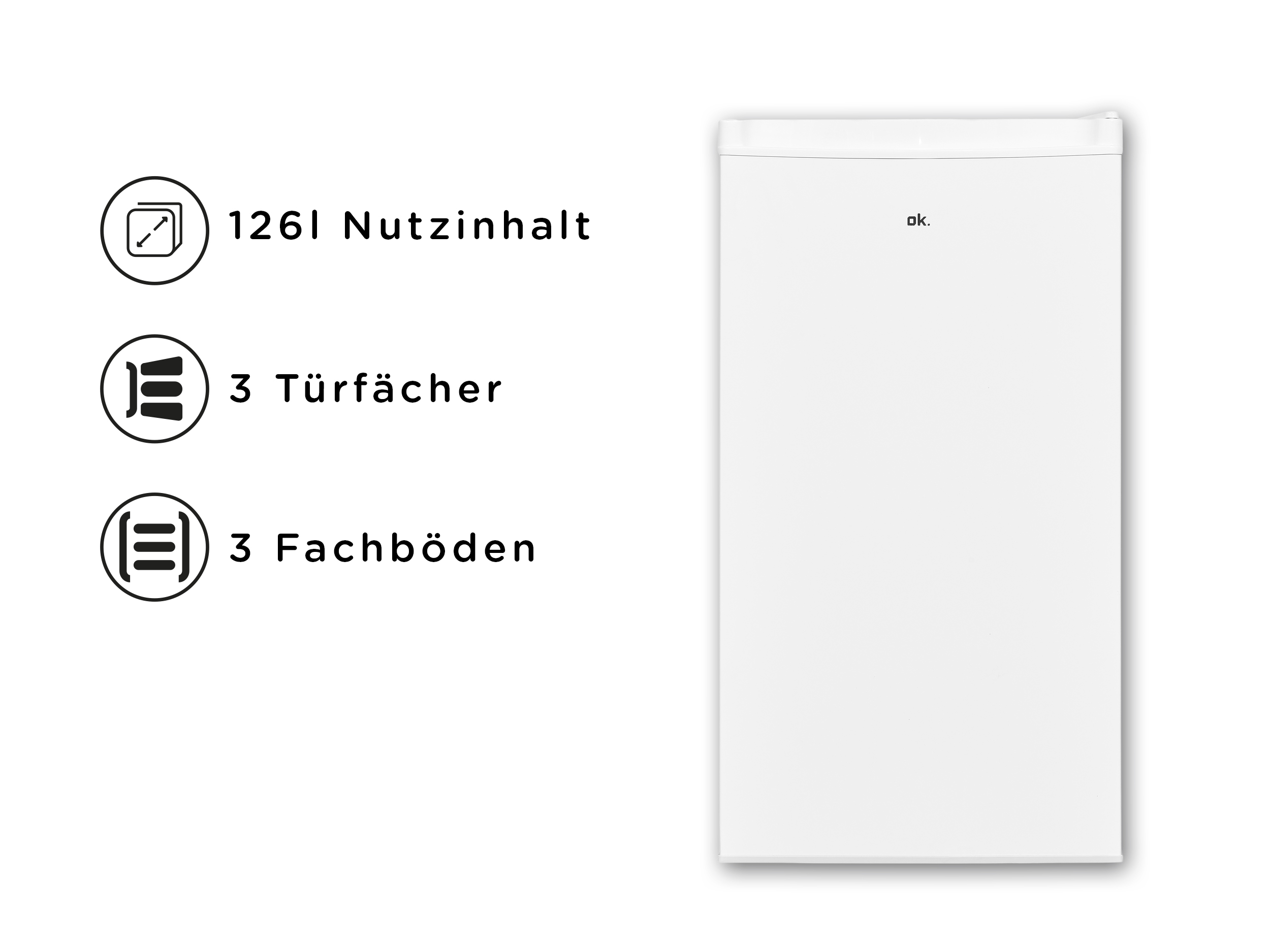 Ein weier Kõhl-Gefrierschrank mit 126L Nutzinhalt, 3 Türfächern und 3 Fachböden.