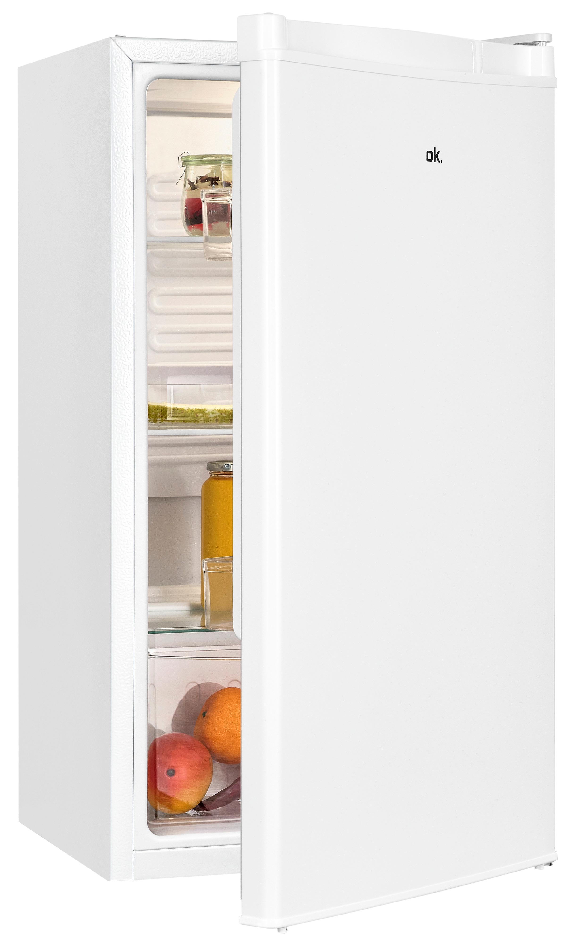 Ein weißer Kühlschrank mit offener Tür, gefüllt mit Lebensmitteln und Obst.
