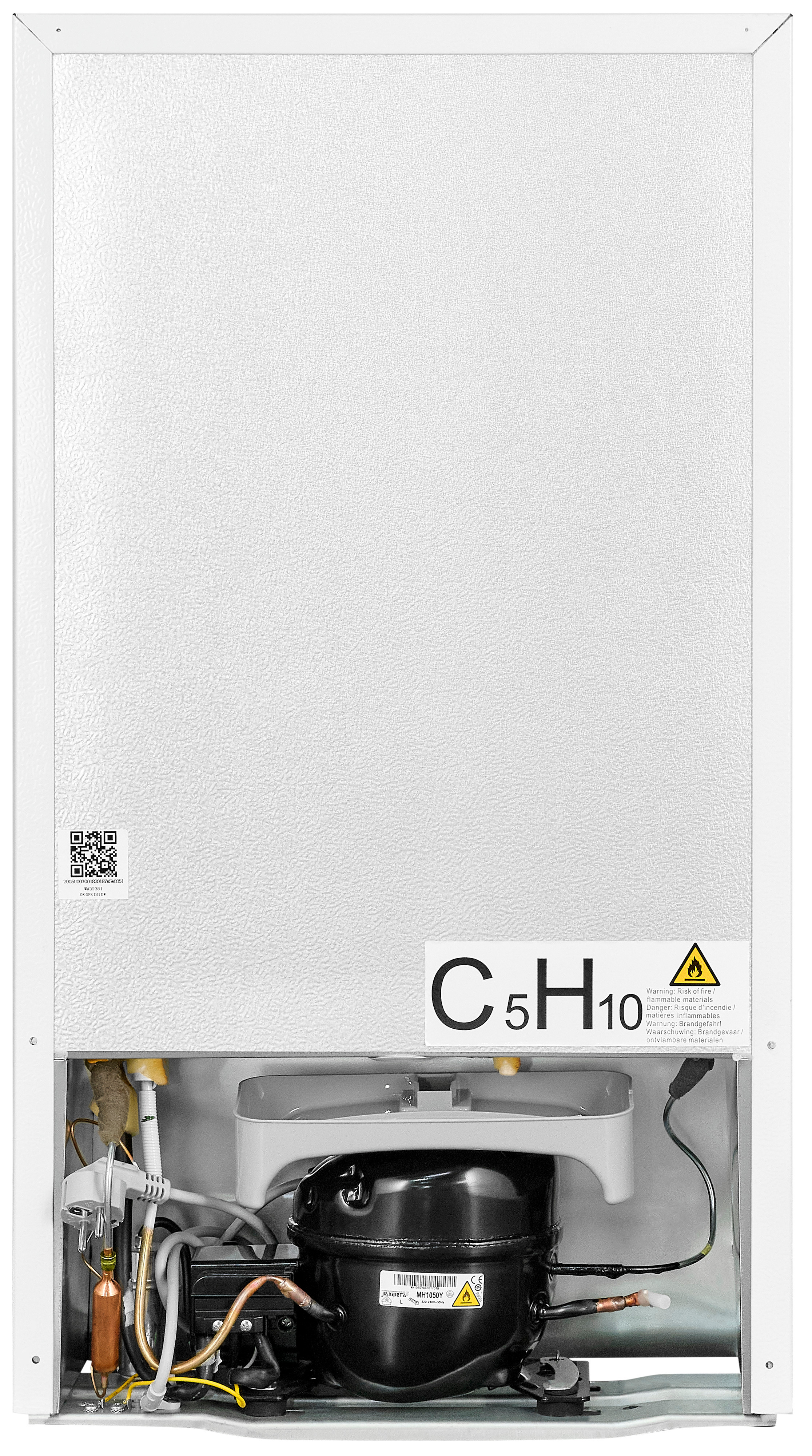 Ein Kühlschrankkompressor mit Warnsymbolen und chemischer Formel C5H10.