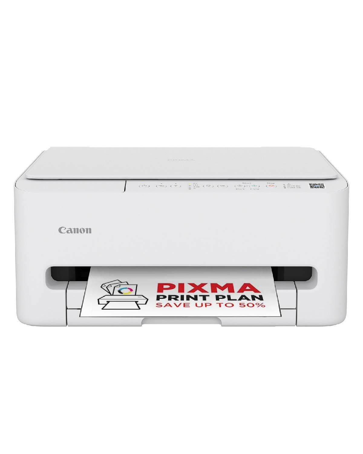 Biała drukarka Canon Pixma drukuje kartkę z napisem "Print Plan Save up to 50%".