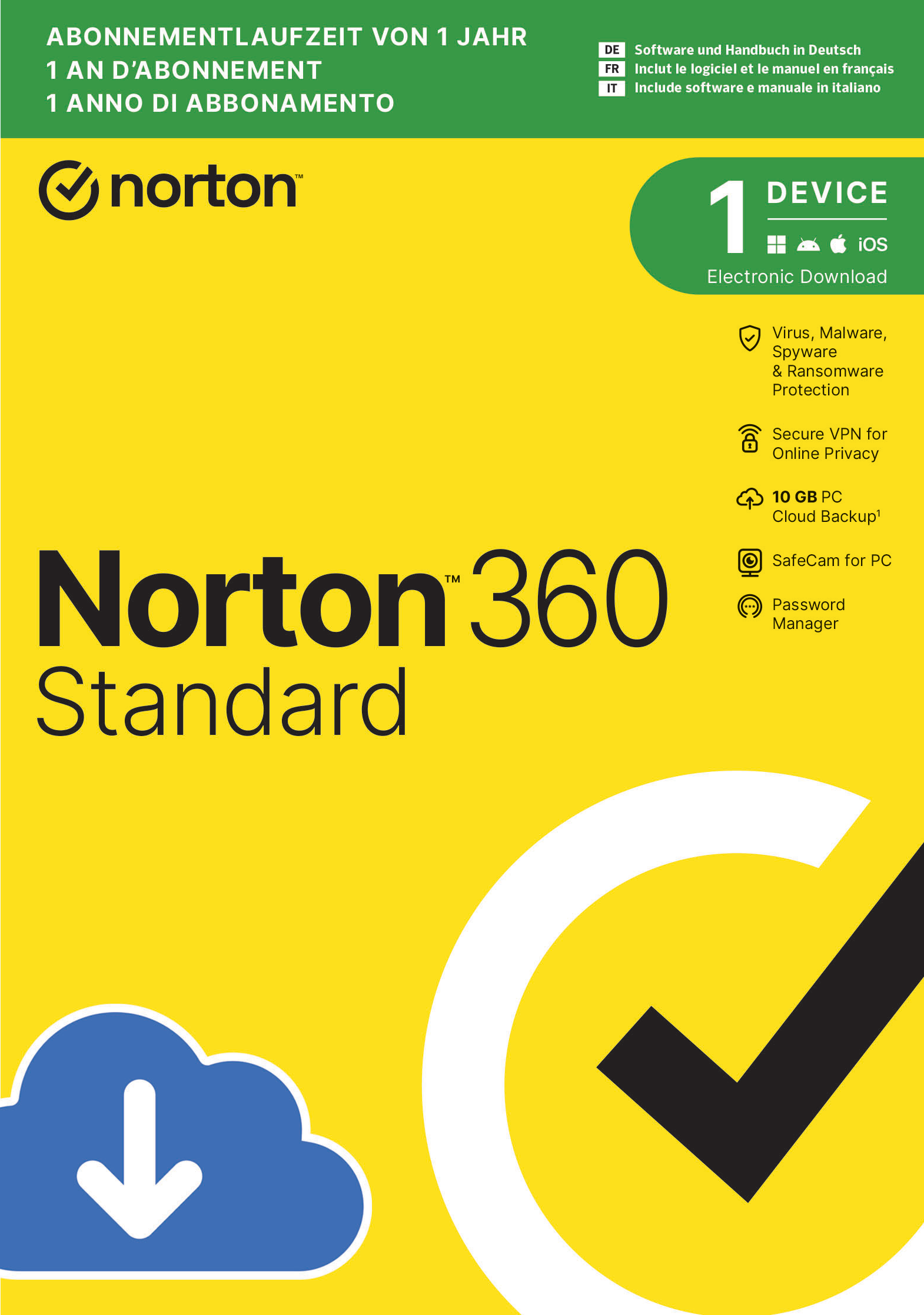 Norton 360 Standard: 1 Gerät, Virenschutz, VPN, Cloud-Speicher, Safecam, Passwortmanager.