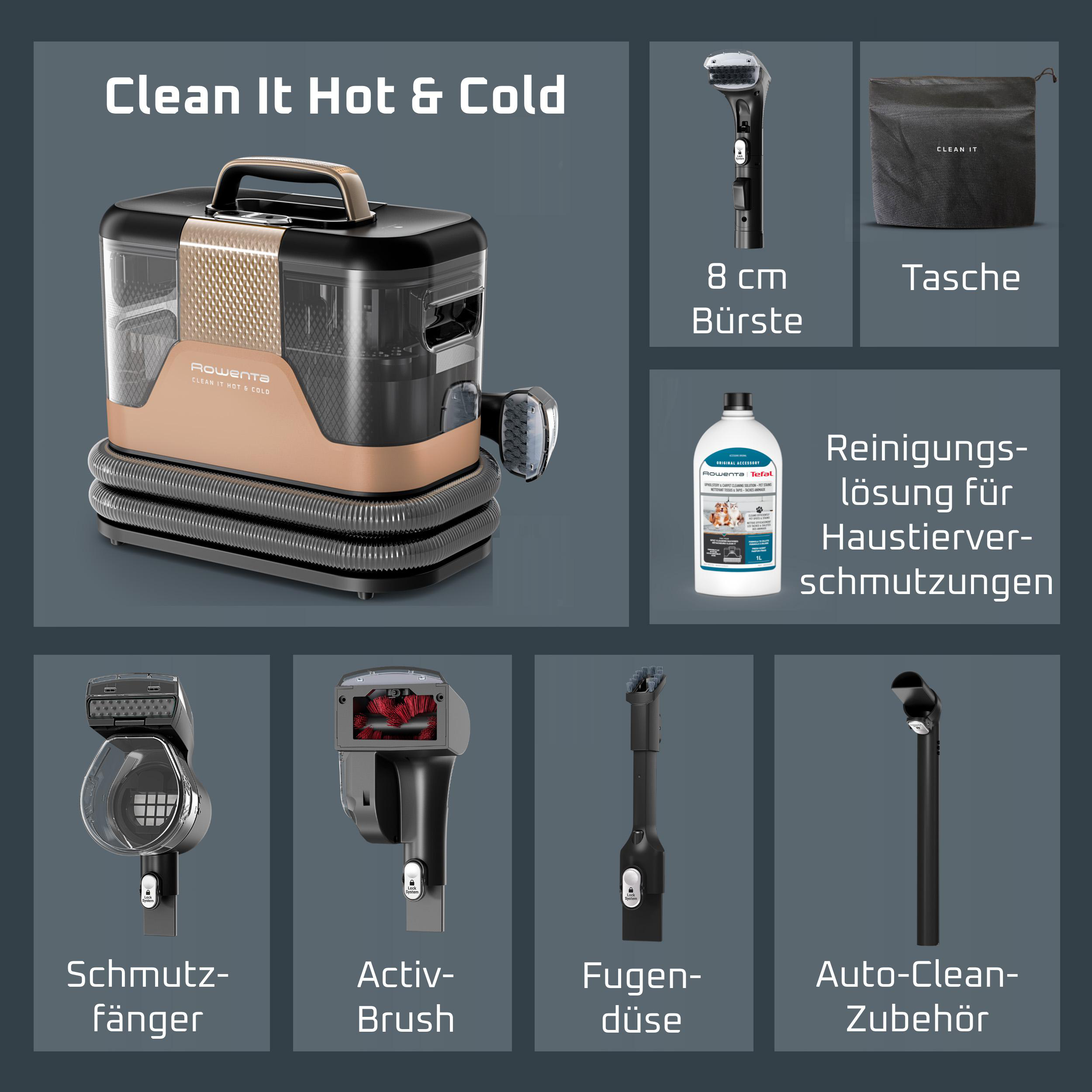 Rowenta Clean It Hot & Cold Reiniger mit Zubehör: Bürste, Tasche, Lösung.
