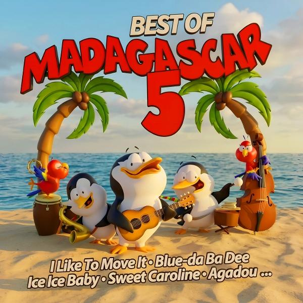 Zeichentrickfiguren auf einem Strand spielen Musik vor dem Meer. Text: Best of Madagascar 5.