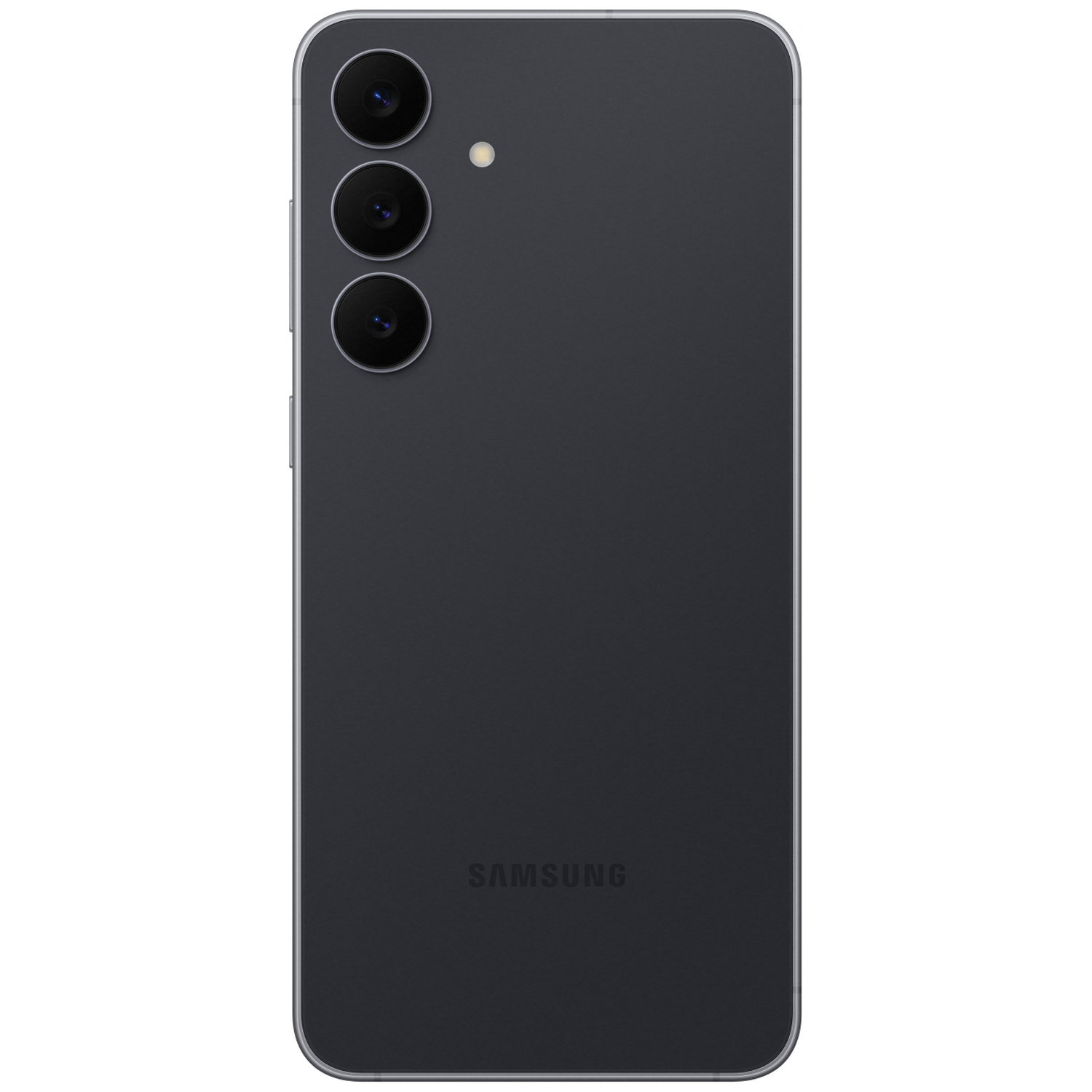 Achterkant van een donkere Samsung smartphone met drie camera's en flitser.