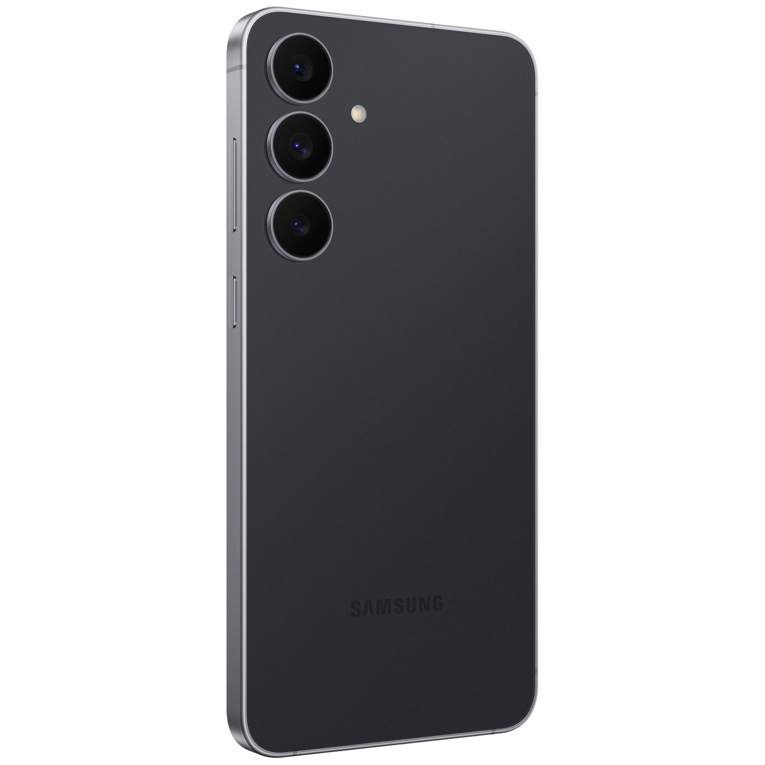Achterkant van een donkere Samsung smartphone met drie cameralenzen en zilveren frame.
