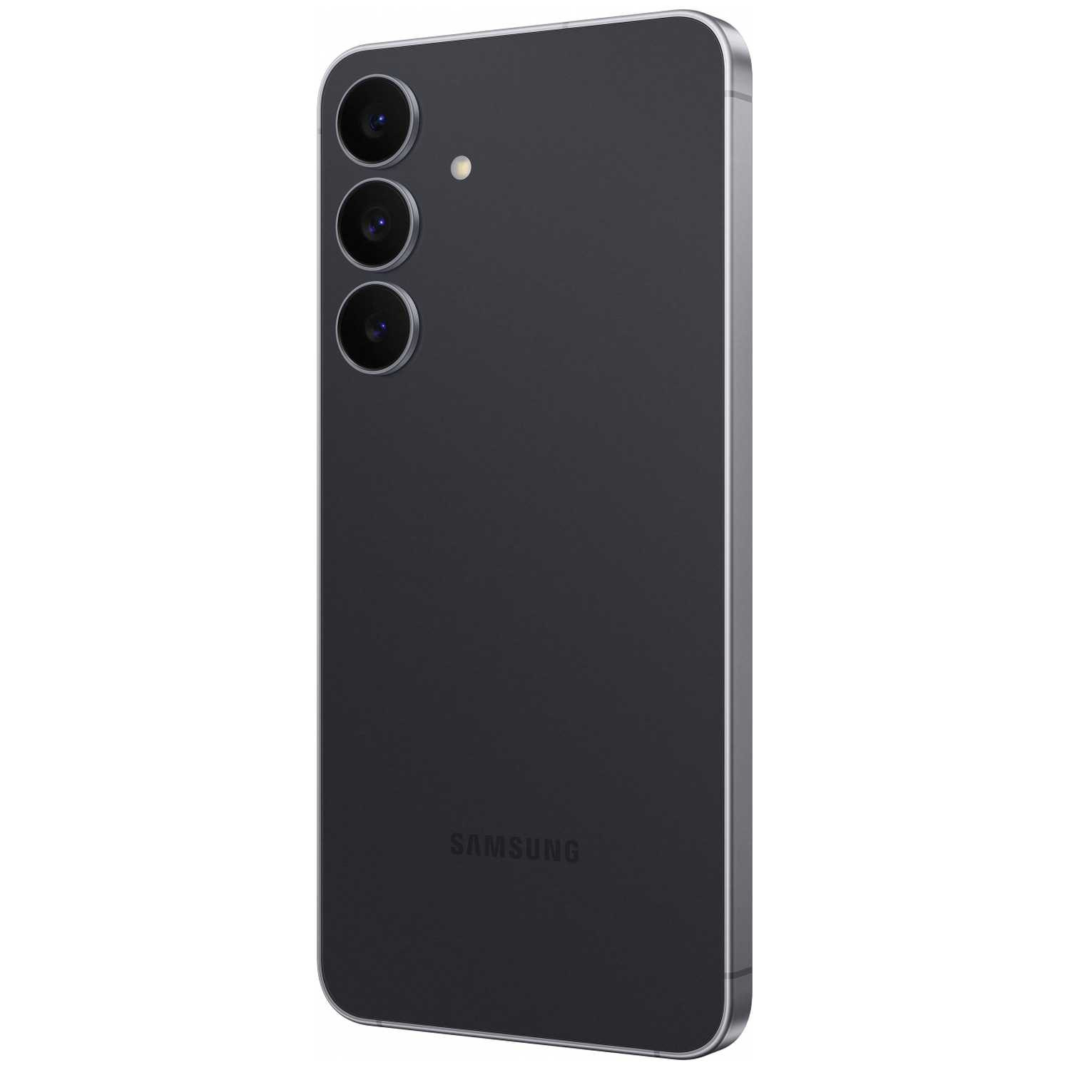 Donkergrijs Samsung-smartphon met drie camera's aan de achterkant.