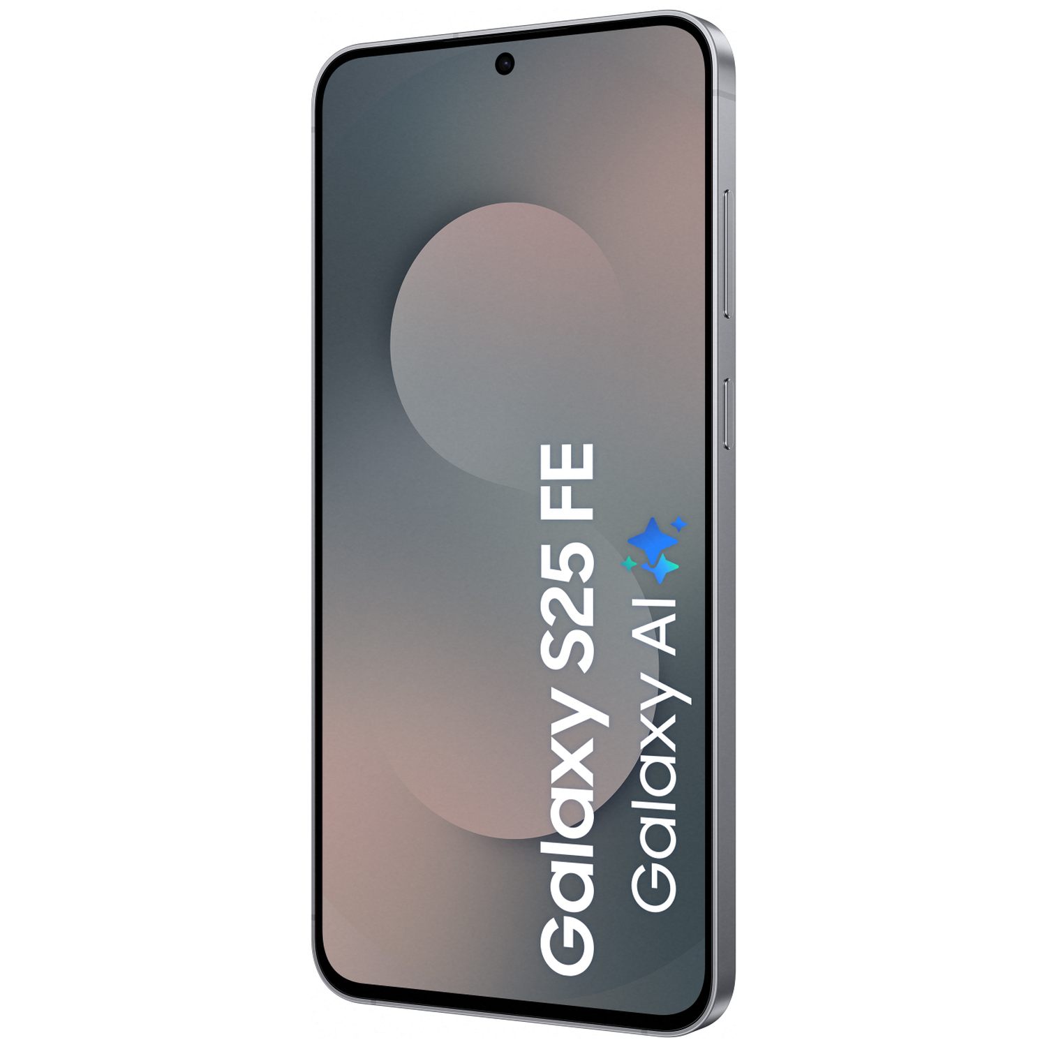 Een grijze smartphone met "Galaxy S25 FE" en "Galaxy AI" op het scherm.