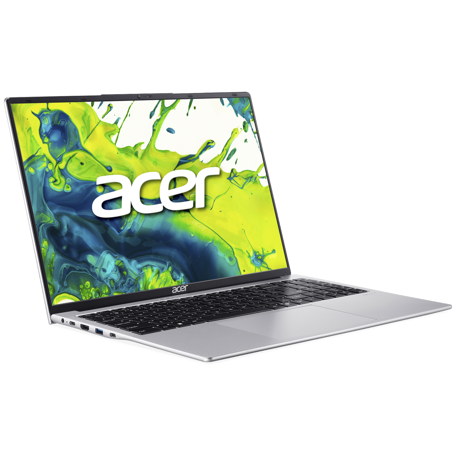 A silver Acer laptop with a colorful splash screen on display.