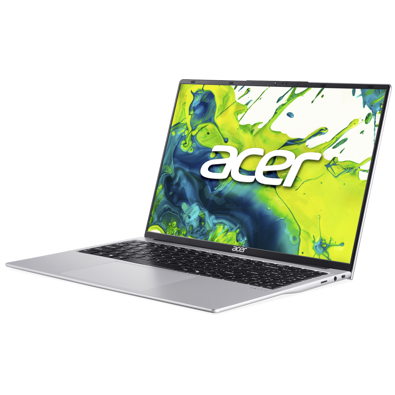 Silver Acer laptop with a vibrant yellow and blue abstract wallpaper on screen.