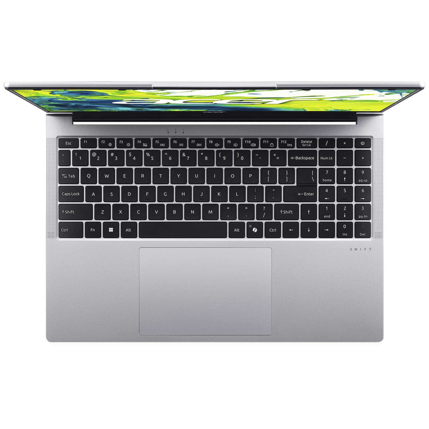 An open silver laptop with a black keyboard and a colorful wallpaper.