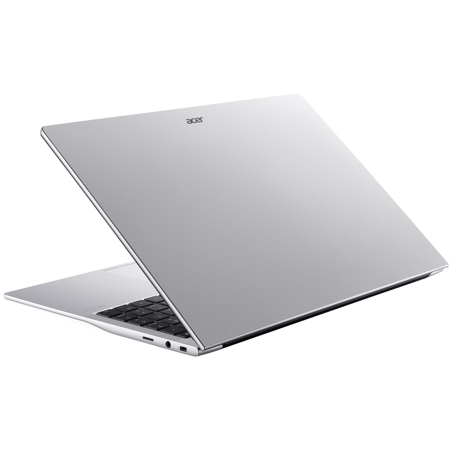 A silver Acer laptop with its lid open, keyboard visible.