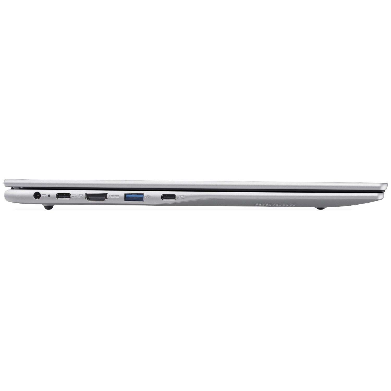 Silver laptop side view showing ports: USB-C, HDMI, USB-A, SD card reader.