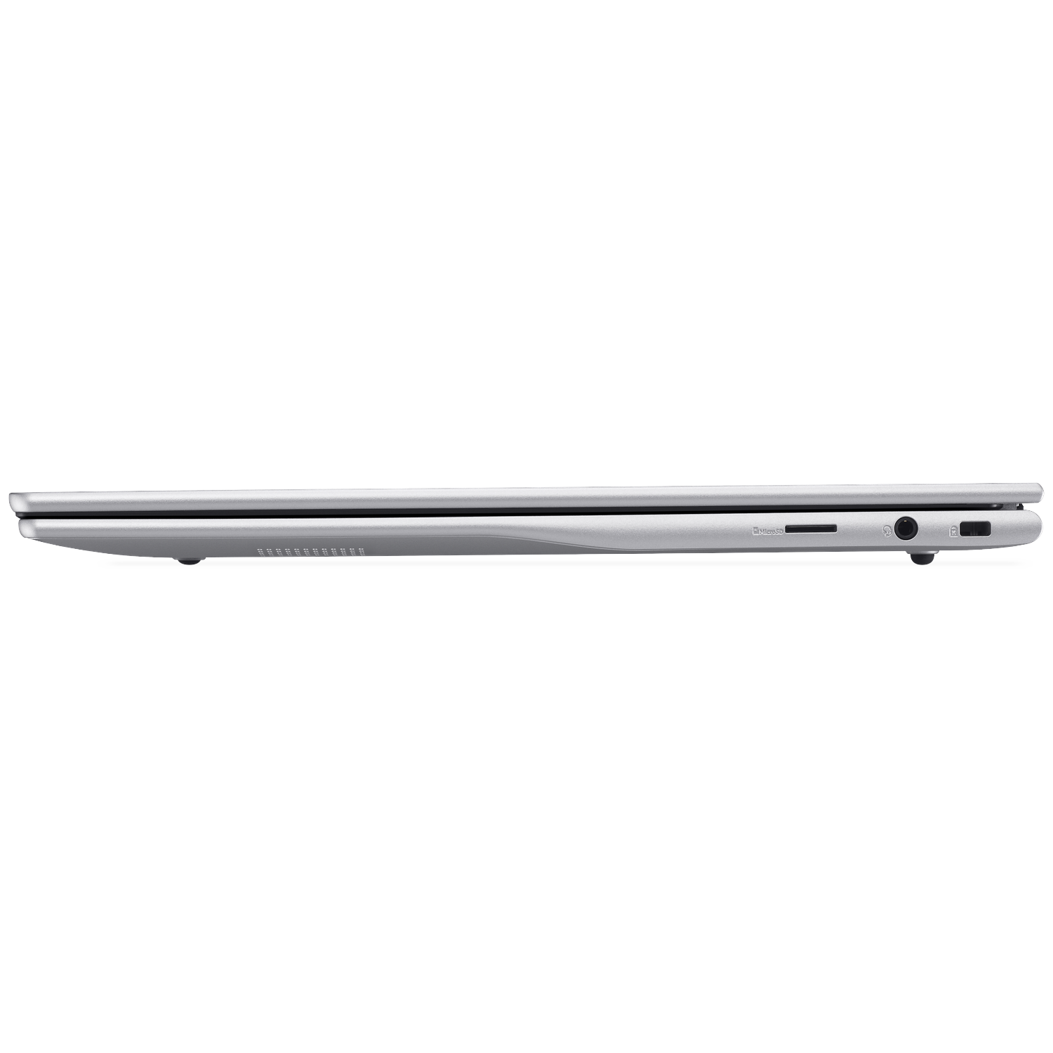 Silver slim laptop profile with USB and SD card slots.