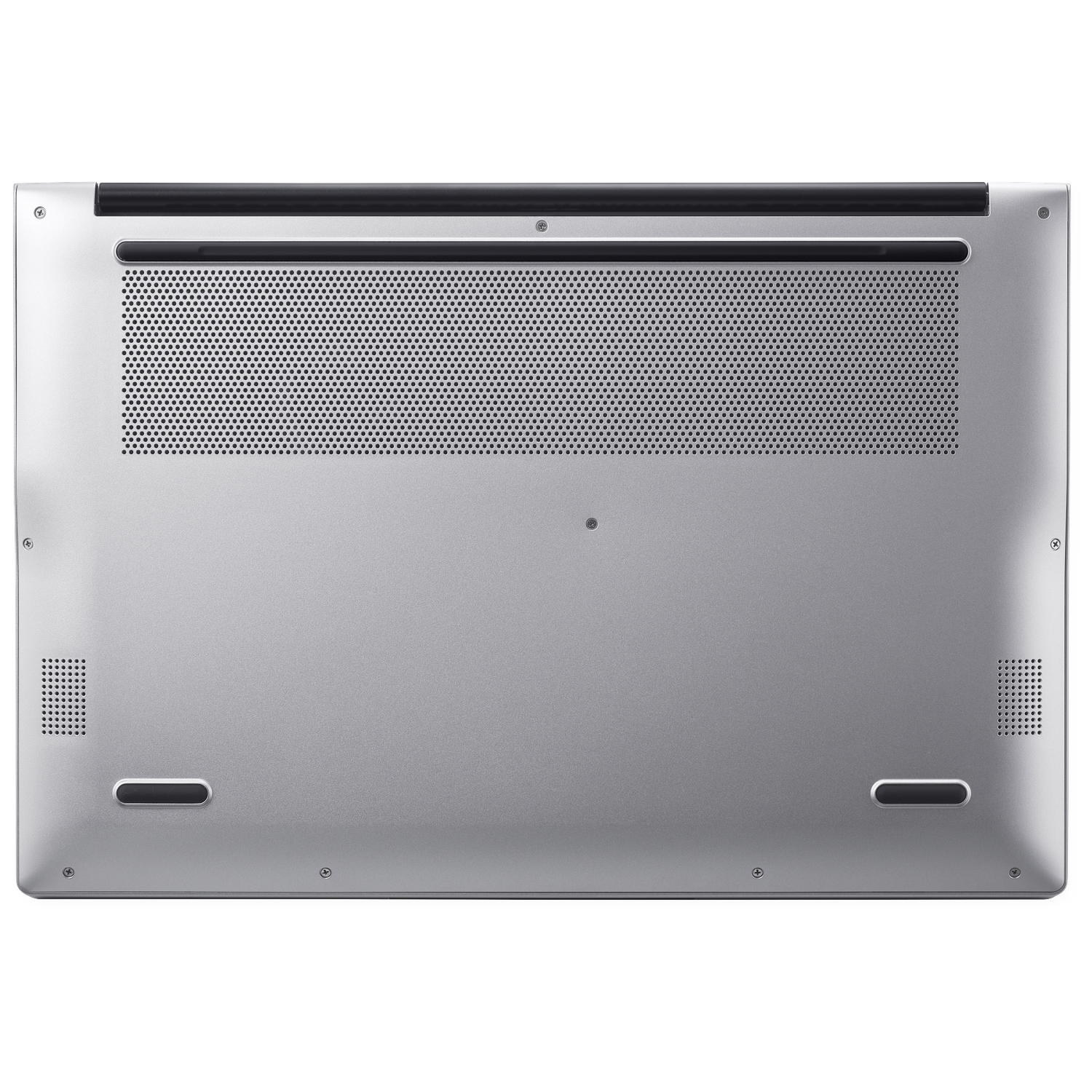 Underside of a silver laptop, showing ventilation grilles and feet.